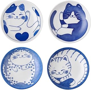 VanEnjoy Small Cute Ceramic Dishware Sets, Kawaii Cat Plates, Blue Shushi Plate Set Of 4, Japanese Plates, Dessert Plates Ceramic