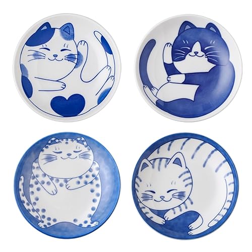 VanEnjoy Small Cute Ceramic Dishware Sets, Kawaii Cat Plates, Blue