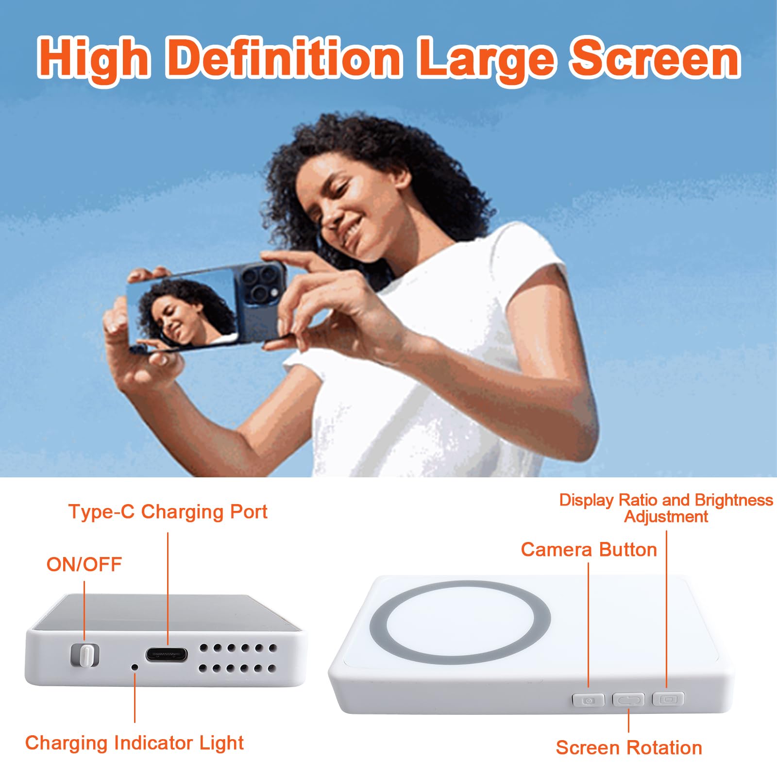 Selfie Monitor Schermo per Telefono, 4H Magnetic Schermo Portatileper Vlog, Selfie Monitor Magnetico Wireless Compatibile con iPhone & Android per Selfie Vlog Live Streaming