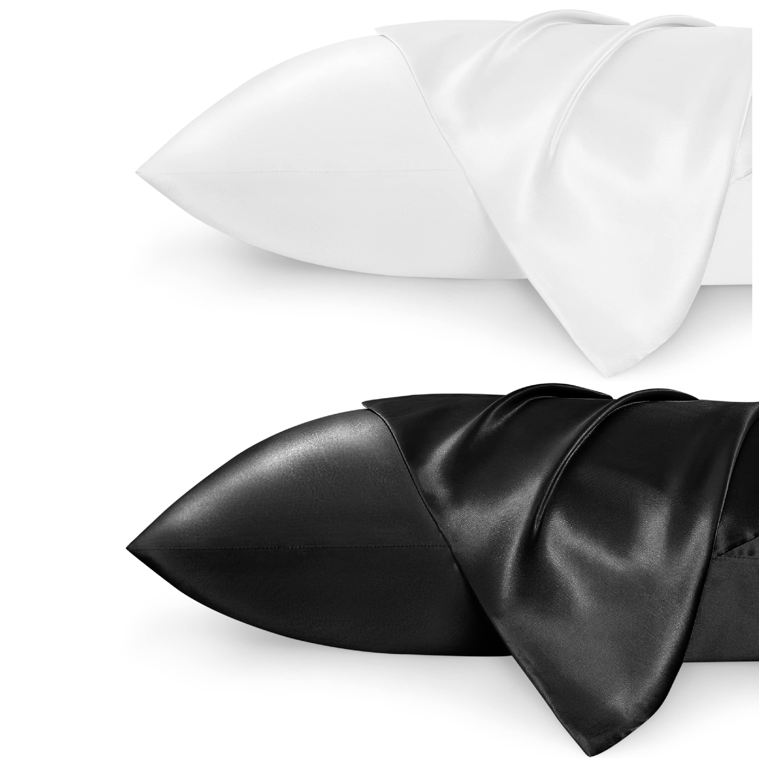 BedsureSatin Pillowcase for Hair and Skin Standard - Silk Pillowcase 2 Pack 20x26 inches with Envelope Closure, White and Black