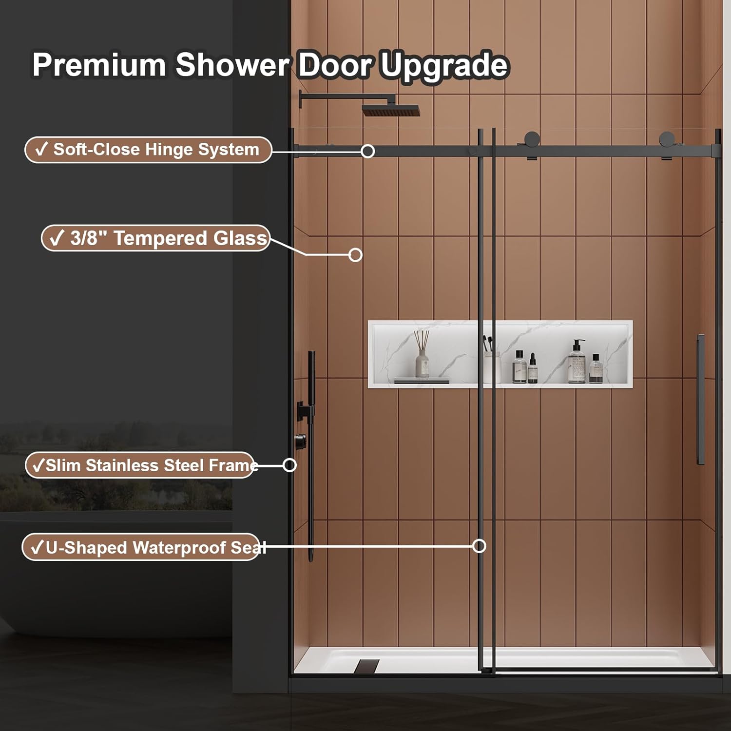Luxury Soft-Closed Frameless Sliding Shower Door, 58–60” W x 76” H, 3/8" (10mm) Tempered Glass, Nano Coating, 304 Stainless Steel, Premium Quiet Close System - Matte Black