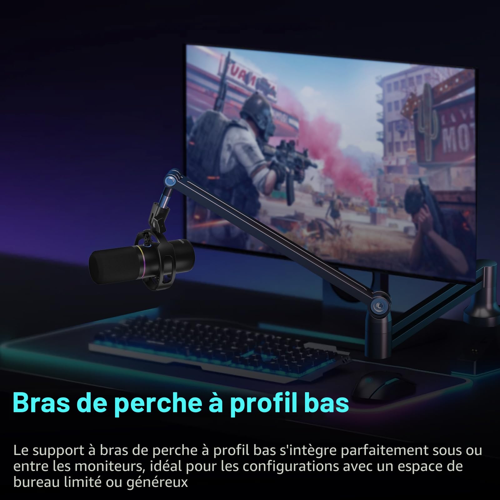 Bras de Microphone, Bras de Micro à Profil Bas de Première Qualité pour Streaming, Recording, Entièrement Ajustable 360° Rotatif 90° Pliable pour Podcasts, Streaming, Gaming, Noir