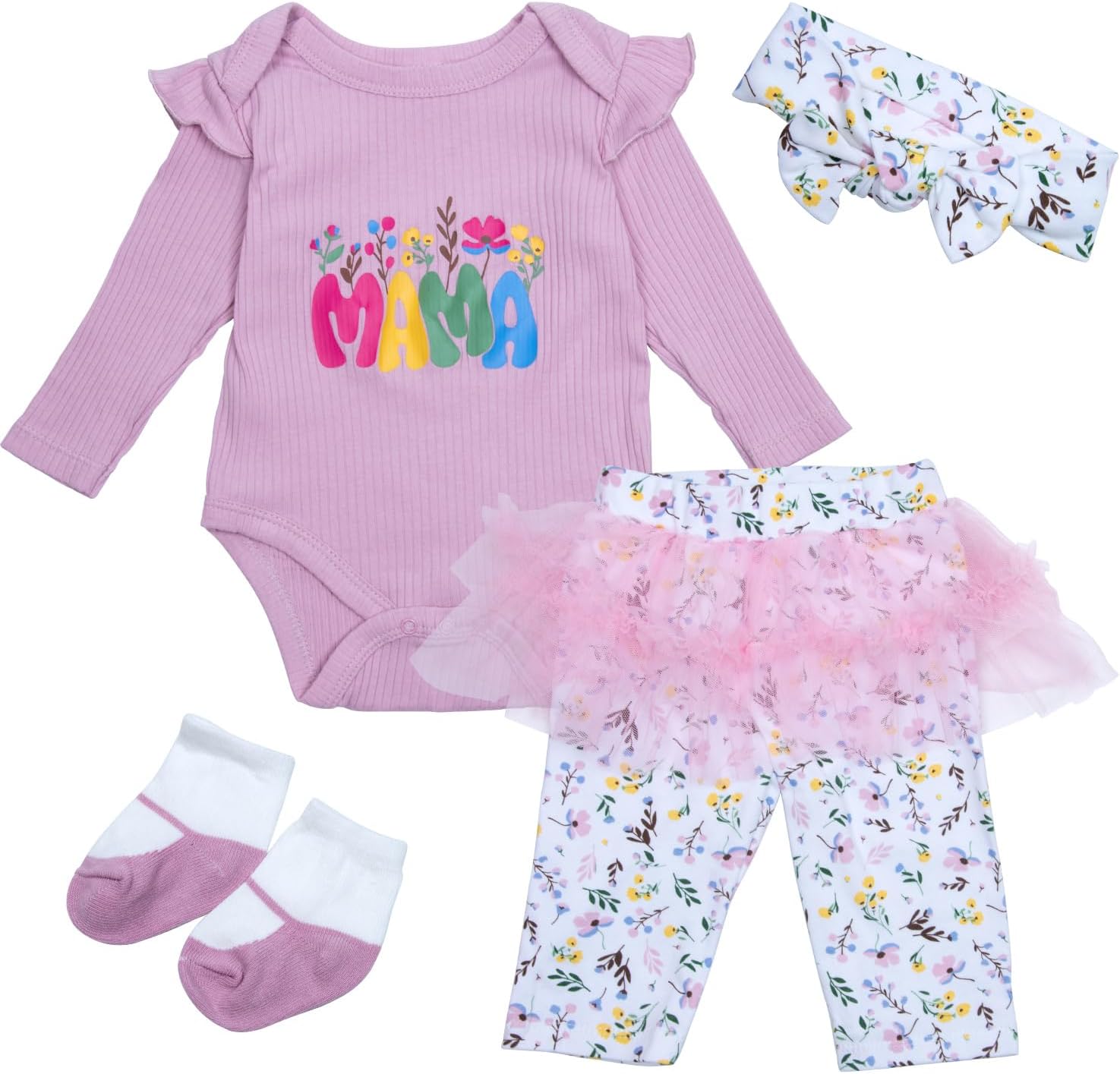 Reborn Doll Clothes 22 Inch Girl Pink Flower for 20-22 Inch Baby Doll Clothes +Headband +Lace-Ed Pants 4 Pieces Set