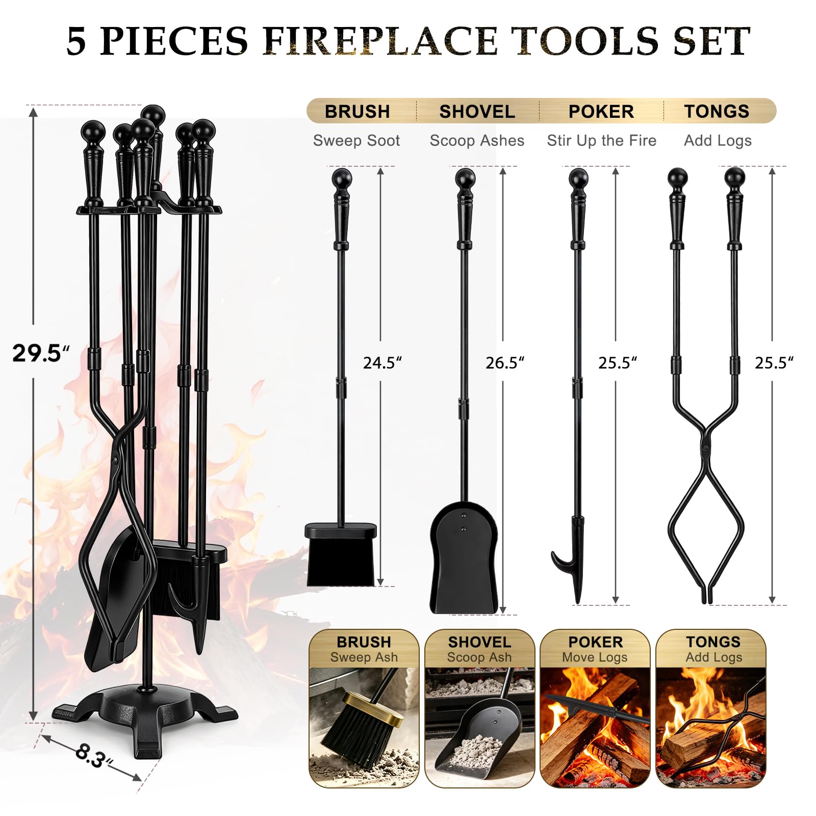 FEED GARDEN Set di attrezzi per camino, 78,7 cm, 5 pezzi, con supporto | Uso interno ed esterno, facile da montare, include pinze per camino, base in metallo stabile