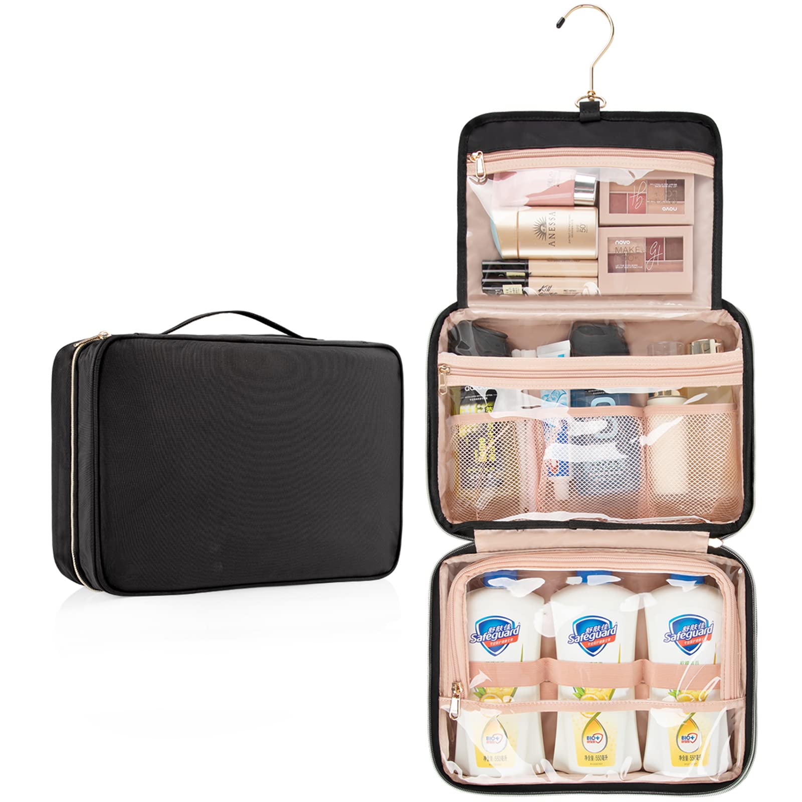 CUBETASTIC Large Toiletry Bag Travel Bag with Hanging Hook, Waterproof Nylon Cosmetic Bag Travel Makeup Organizer for Accessories, Shampoo, Full Sized Container, Toiletries