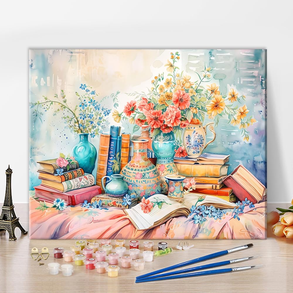 TISHIRON Paint by Numbers for Adults Beginners Still Life Painting by Number Kit 16x20 Inch Adult DIY Painting on Canvas with Brushes and Acrylic Paints for Home Decor Books and Flowers Art