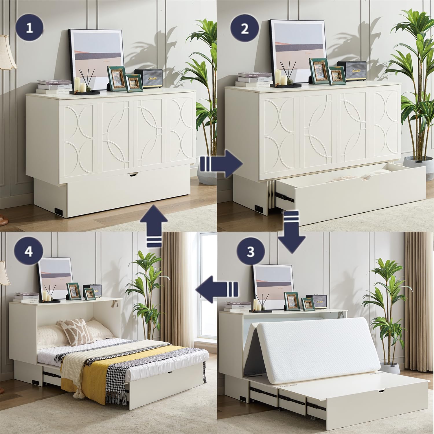 Step-by-step illustration of the RuiSiSi Murphy Bed transforming from a cabinet to a bed.