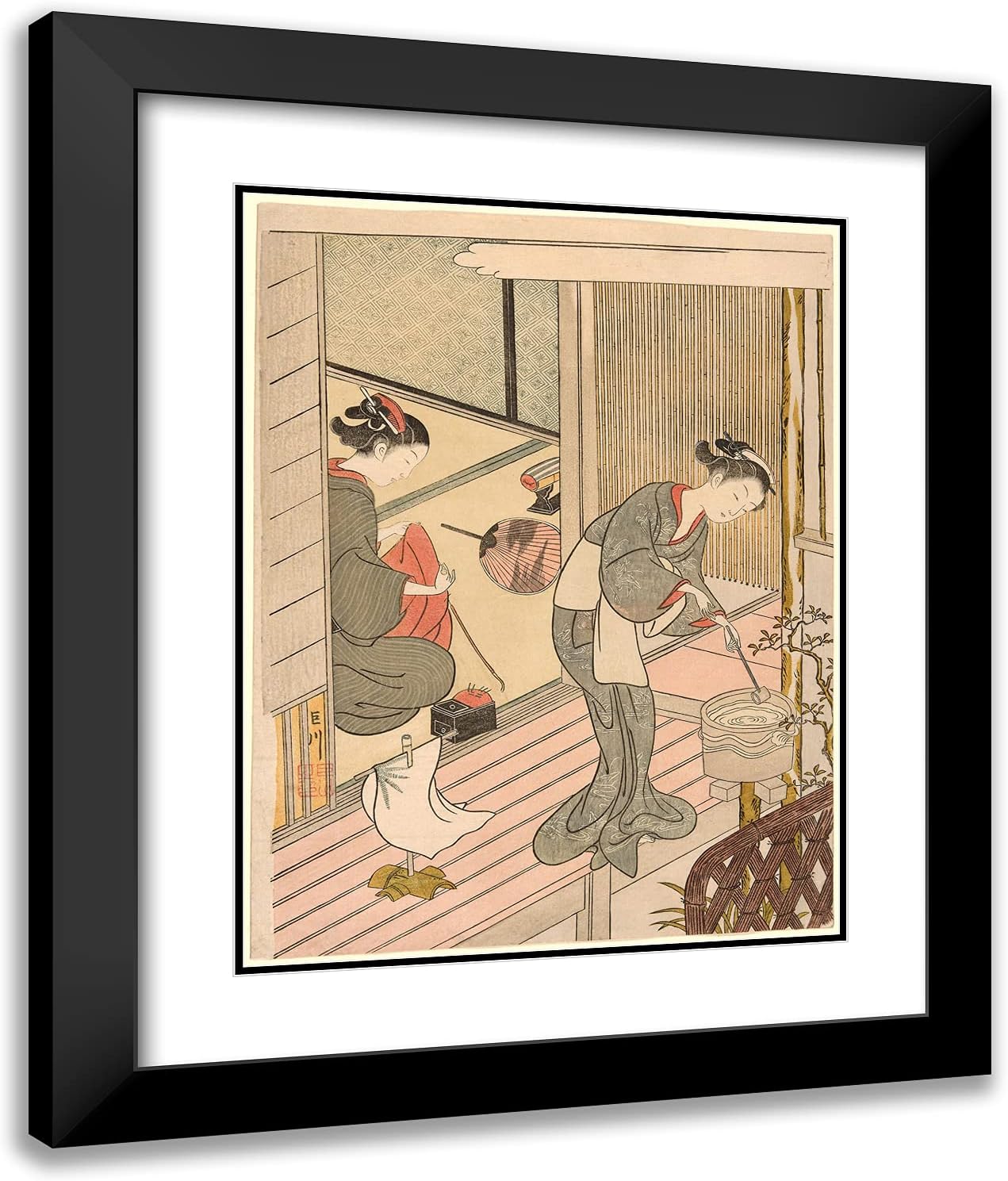 ArtDirect Suzuki Harunobu 20x24 Black Modern Framed and Double Matted Art Print Titled Returning Sails of The Towel Rack (Tenugui-Kake no kihan), from The Series Eight Views of The Parlor