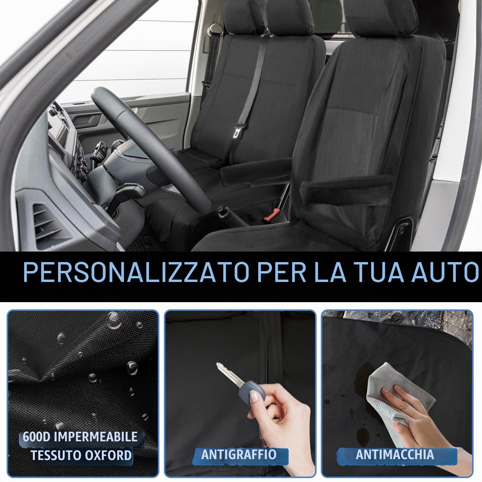 6 Pezzi Coprisedili Auto Personalizzato per VW Transporter T5 T6 2015-2022, 3 Sedili Neri Coprisedili Impermeabili Protezione per Sedili Auto, Set Copri-sedile per Anteriori e Posteriori