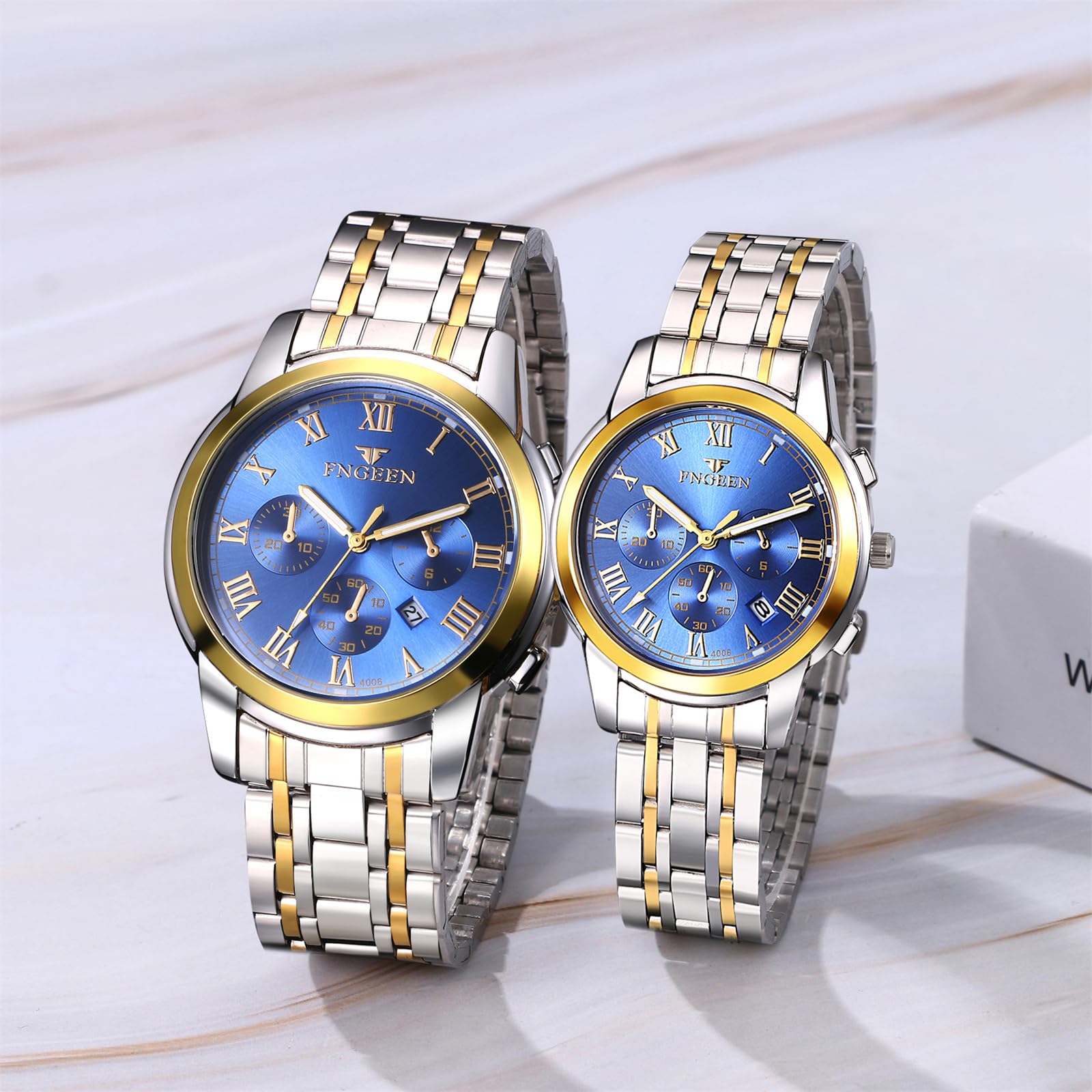 JewelryWe Reloj de vestir de acero inoxidable: reloj de pulsera para hombre y mujer, tono dorado y plateado, luminoso, analógico, de cuarzo, resistente al agua, reloj de pulsera a juego para parejas
