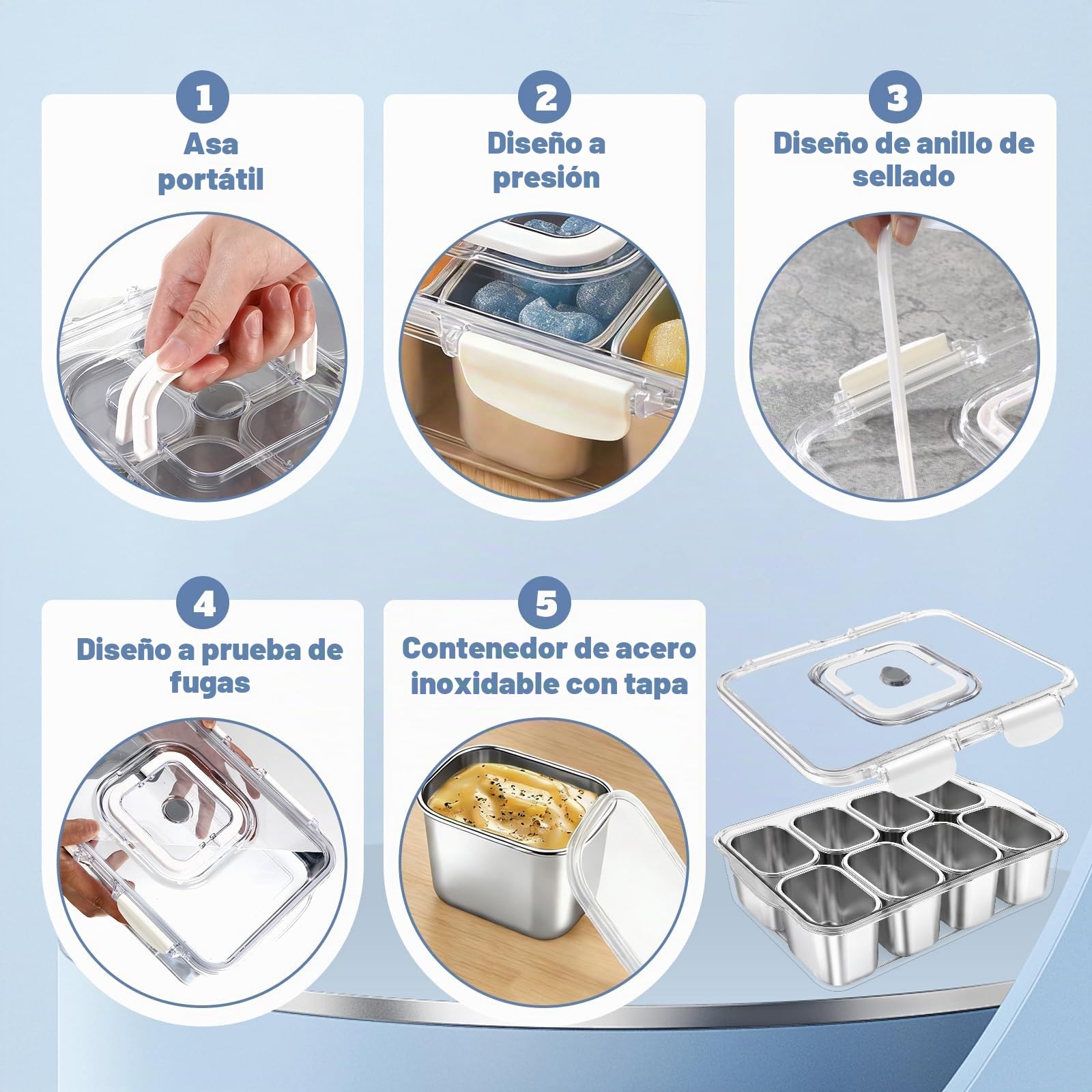 Caja de aperitivos con 8 compartimentos de acero inoxidable, | bandeja de aperitivos con asa y tapa, para diferentes frutas y aperitivos, así como especias para fiestas, pícnics y viajes