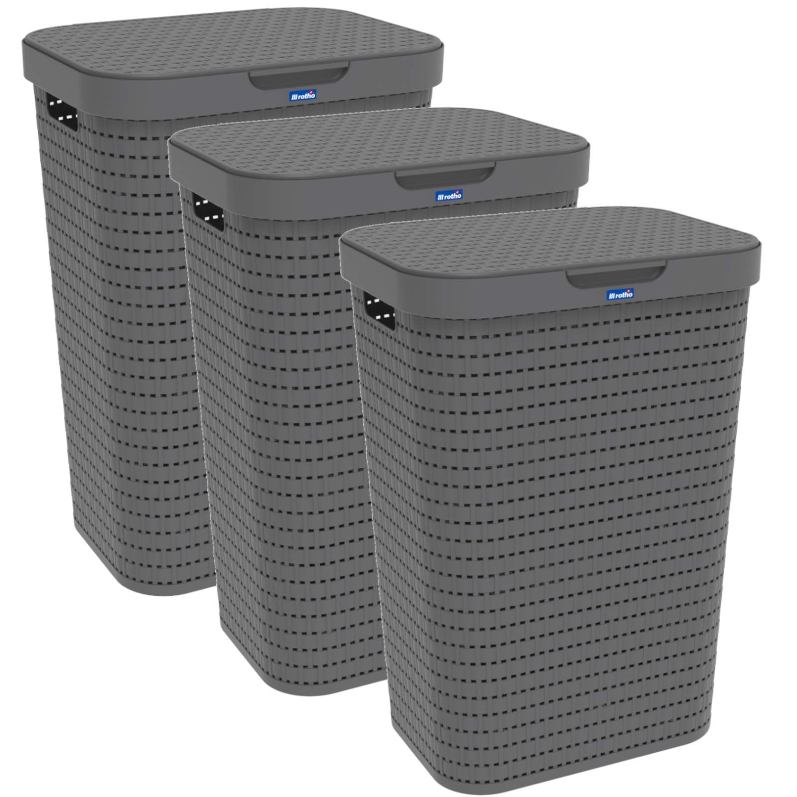 Rotho Country 3er-Set Wäschesammler Kunststoff mit Deckel 55l | Wäschekorb schmall in Rattan-Optik | Deckel öffnet komplett | angenehm zu tragen | einfach zu reinigen & hygienisch | anthrazit