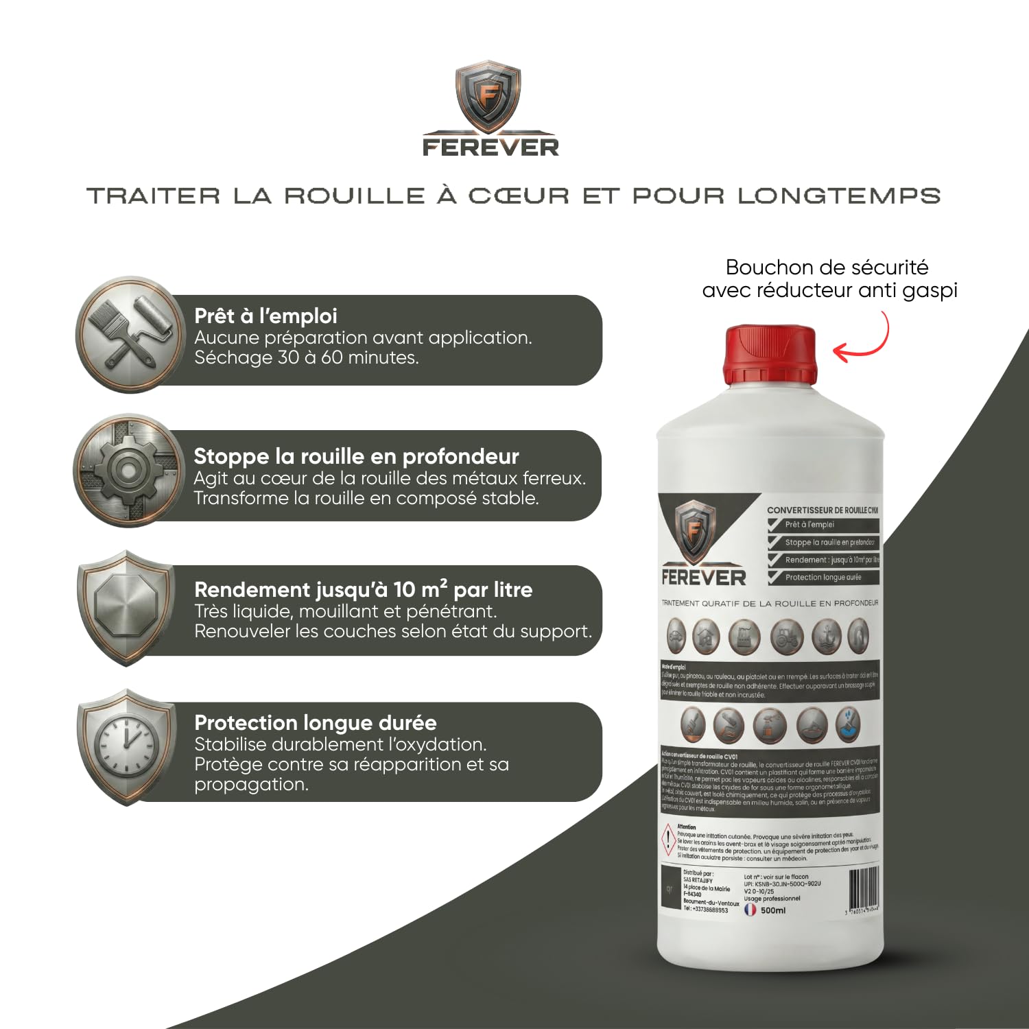 FEREVER Convertisseur de Rouille Antirouille Métal 500 ml | Stop Rouille Carrosserie Voiture Jardin Bricolage | Destructeur de Rouille | Film Protecteur Mat | Prêt à peindre | Pinceau Rouleau Spray - 2