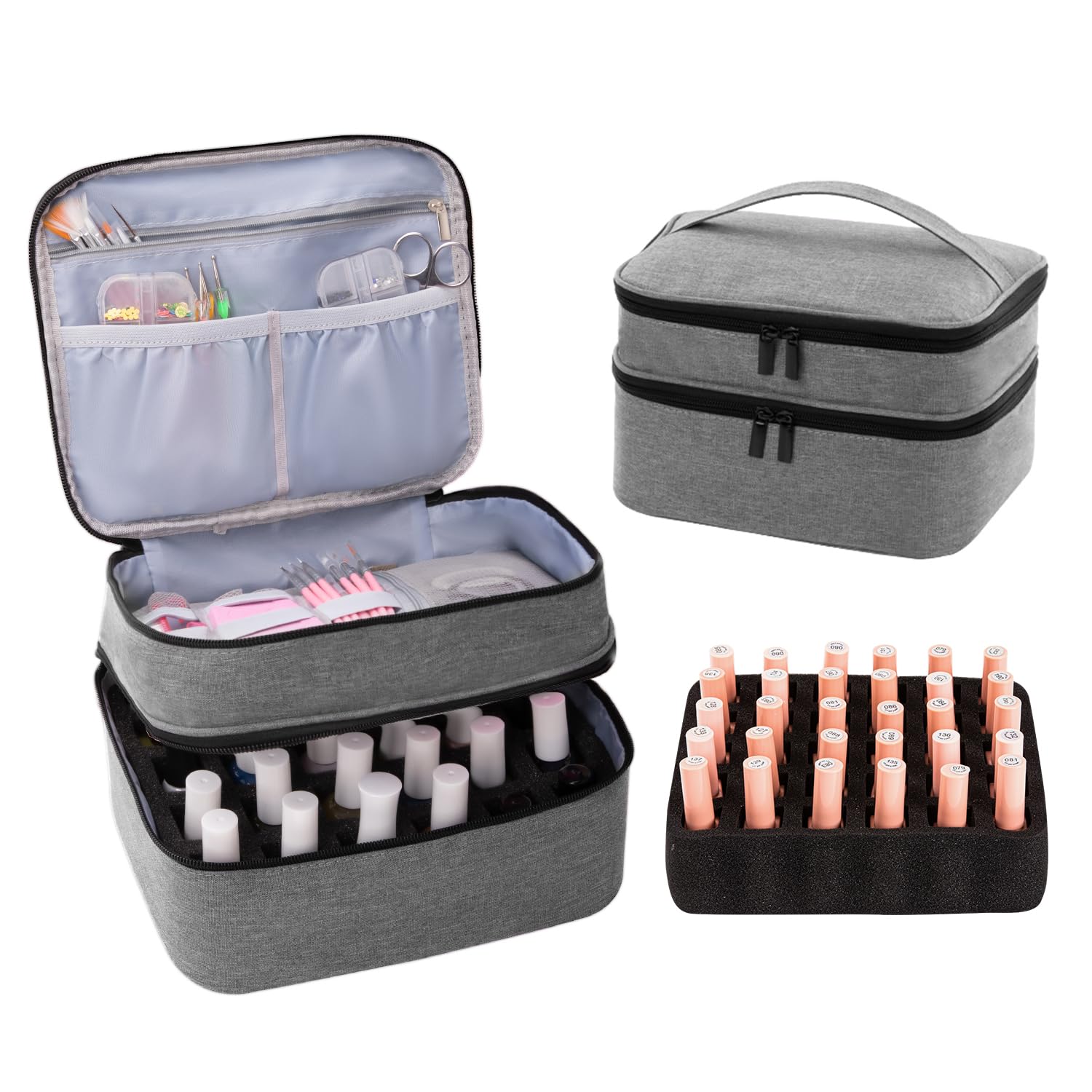 AGX BravoTravel Nail Polish Organizer Double Layer Carrying Case for Fingernail Polish, Holds 30 Bottles with Dividers Portable Large Storage Case for Gel Nail Polish Holder, Grey (BAG ONLY)