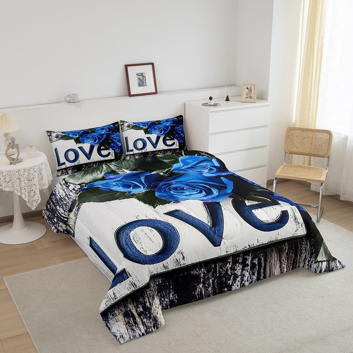 Erosebridal Blue Rose Duvet Set Valentine's Day Comforter Set Full Size 3 Pcs Romantic Bedding Rose Love Romantic Moment Print Quilts Grey Wooden Farmhouse Bedding Blossom Rose Flowers Bedding