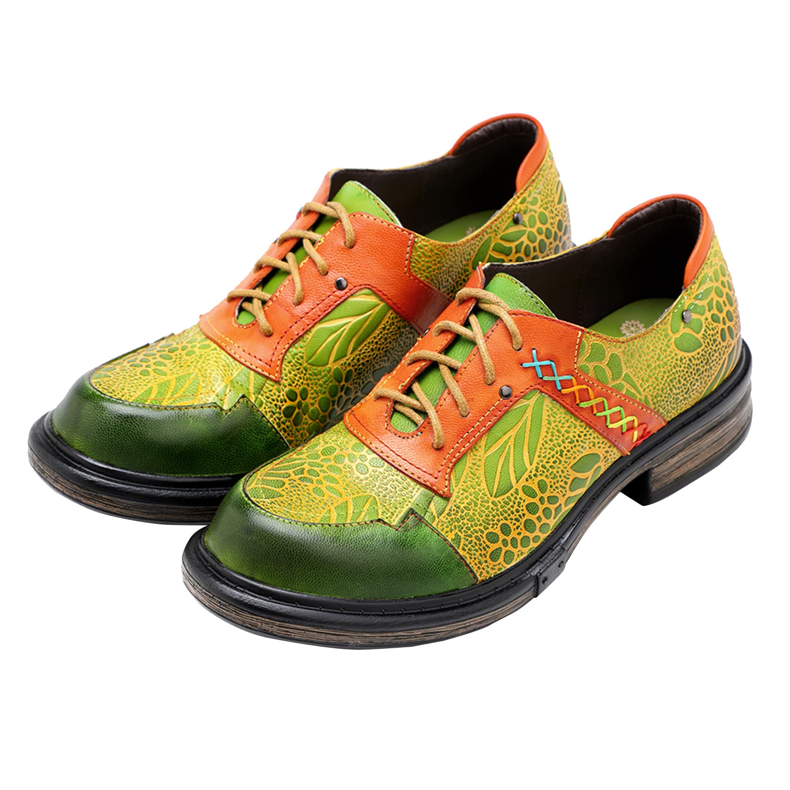 Riutiru Women's Handmade Lambskin Mary Jane Loafers Shoes, Retro Ethnic Print Style and Brock-Style Design