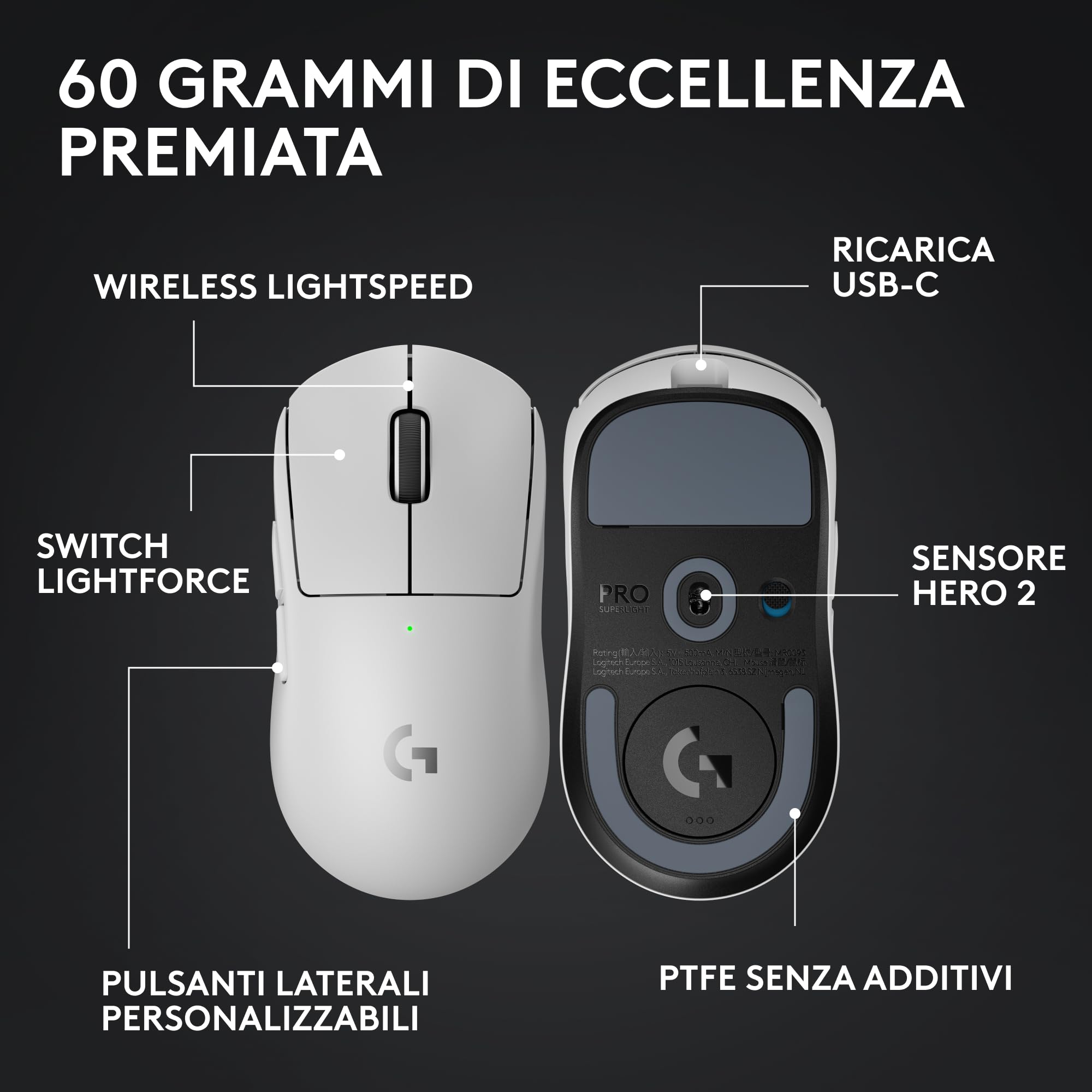 Logitech G PRO X SUPERLIGHT 2 LIGHTSPEED gaming mouse wireless 60g HERO 2 44K DPI USB-C Bianco