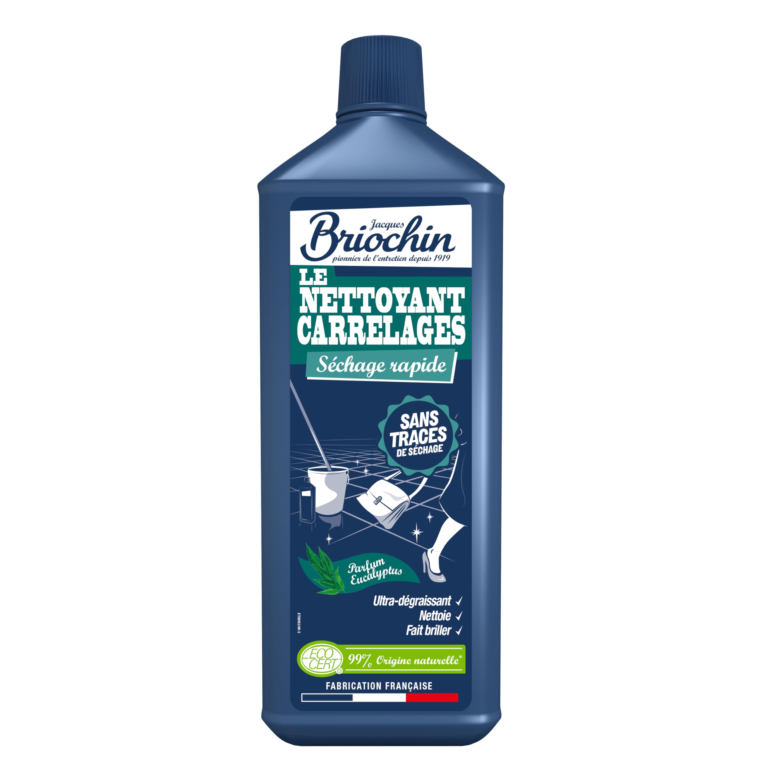 JACQUES BRIOCHIN - Super Nettoyant Carrelage - Séchage Rapide - Sans Traces - Ultra Dégraissant - Parfum Eucalyptus - 96.6% d'Ingrédients d'Origine Naturelle - Ecocert - Fabrication Française - 1L