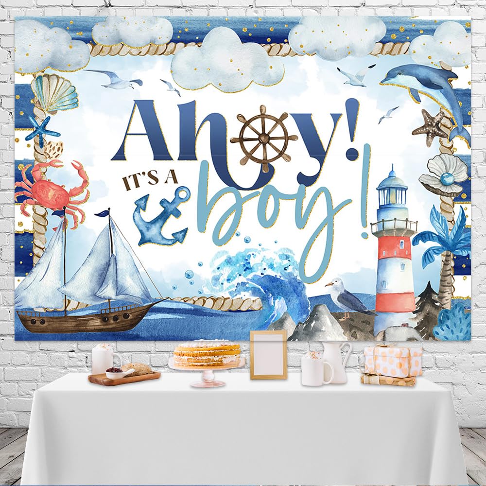 Mocsicka Ahoy It's a Boy Baby Shower Backdrop Nautical Themed Baby Shower Party Decoration Watercolor Ocean Ship Anchor Coral Seashell for Boy Photography Background (7x5ft)