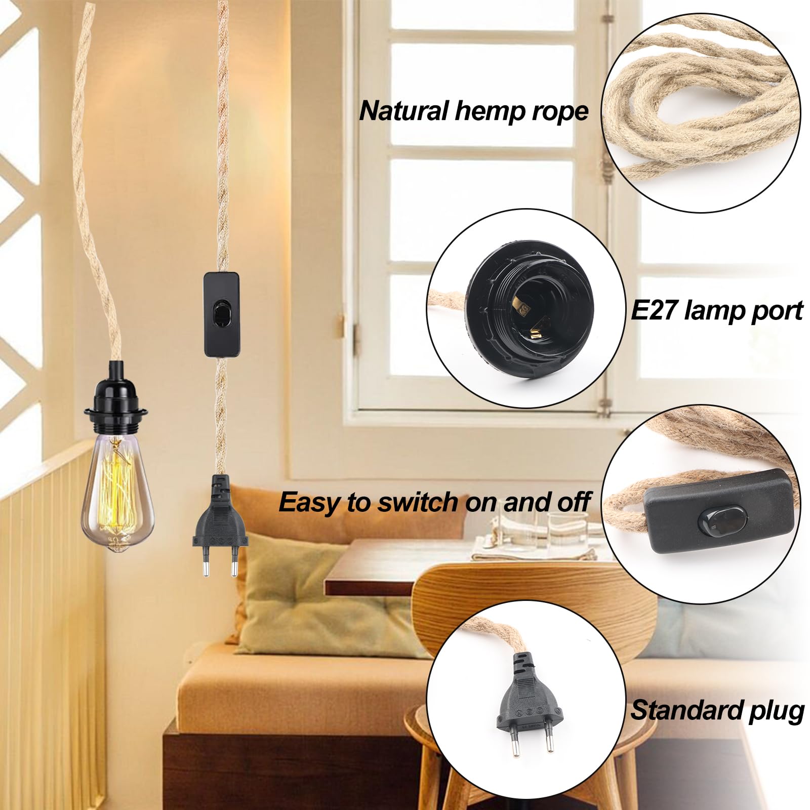 2 Piezas Portalámparas E27 con Interruptor Adaptador de Lámpara con Enchufe con 2 Piezas Cable de 6M Cable Bases DIY Candelabro Colgante Lámpara para Comedor Sala Bar Cafetería