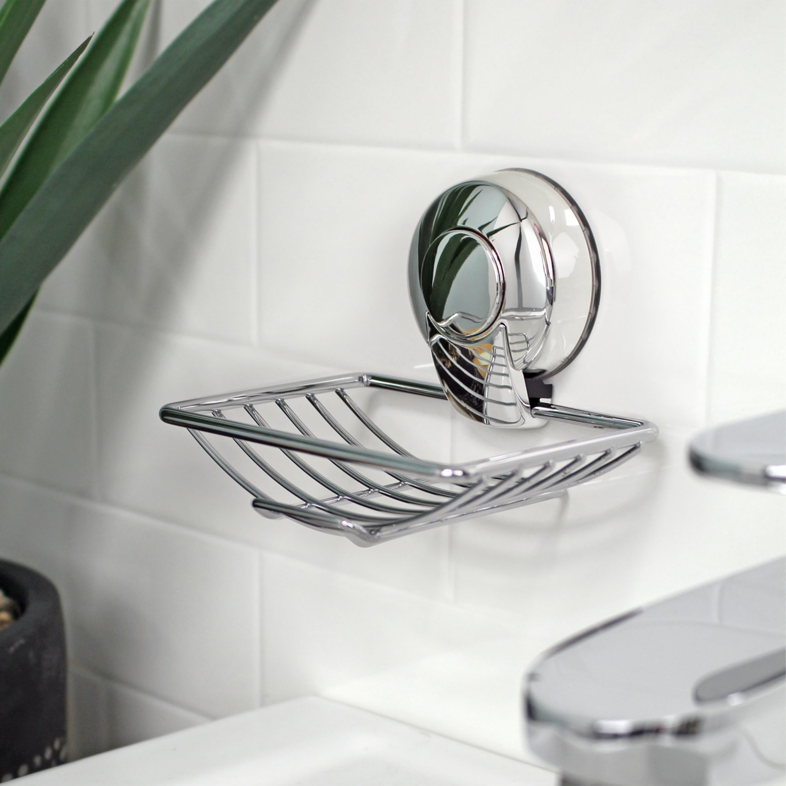 Showerdrape Suctionloc Chrome Steel Suction Wall Mounted Soap Basket with Mounting Discs