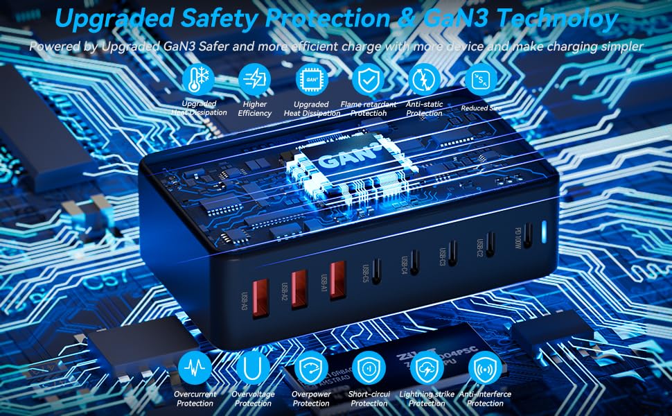 Image of Cubonic USB C Charger Block GaN 440W Station Hub,8 Port Fast Charging Brick with Extension Cord,PD QC PPS 100W Laptop Power Adapter