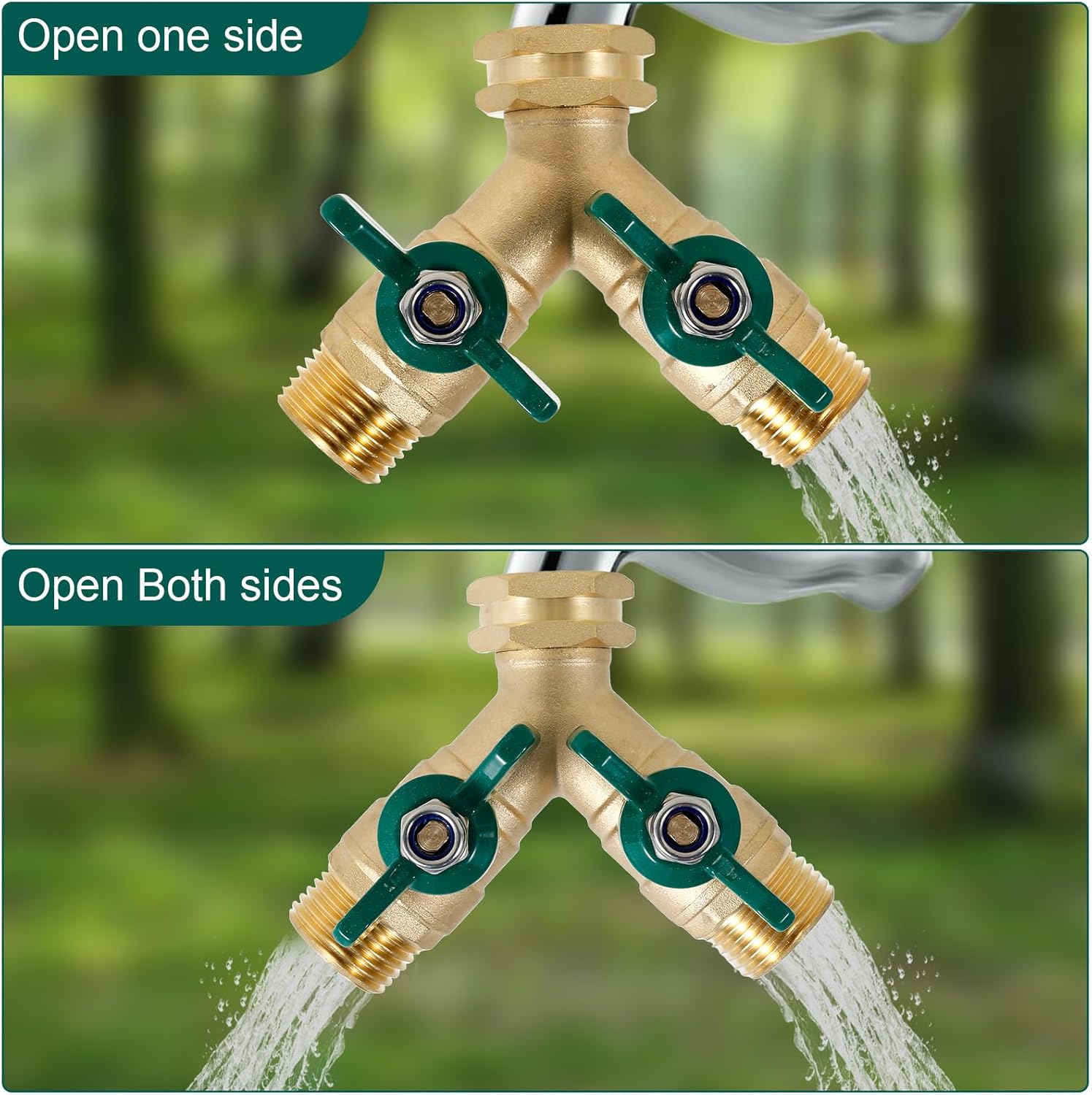 Brass Garden Hose Splitter 2 Way, Y Valve Faucet Adapter with Full Flow High Flow, Brass Water Hose Splitter with Large Handles, Includes Tape and O-Rings, for Outdoor Irrigation
