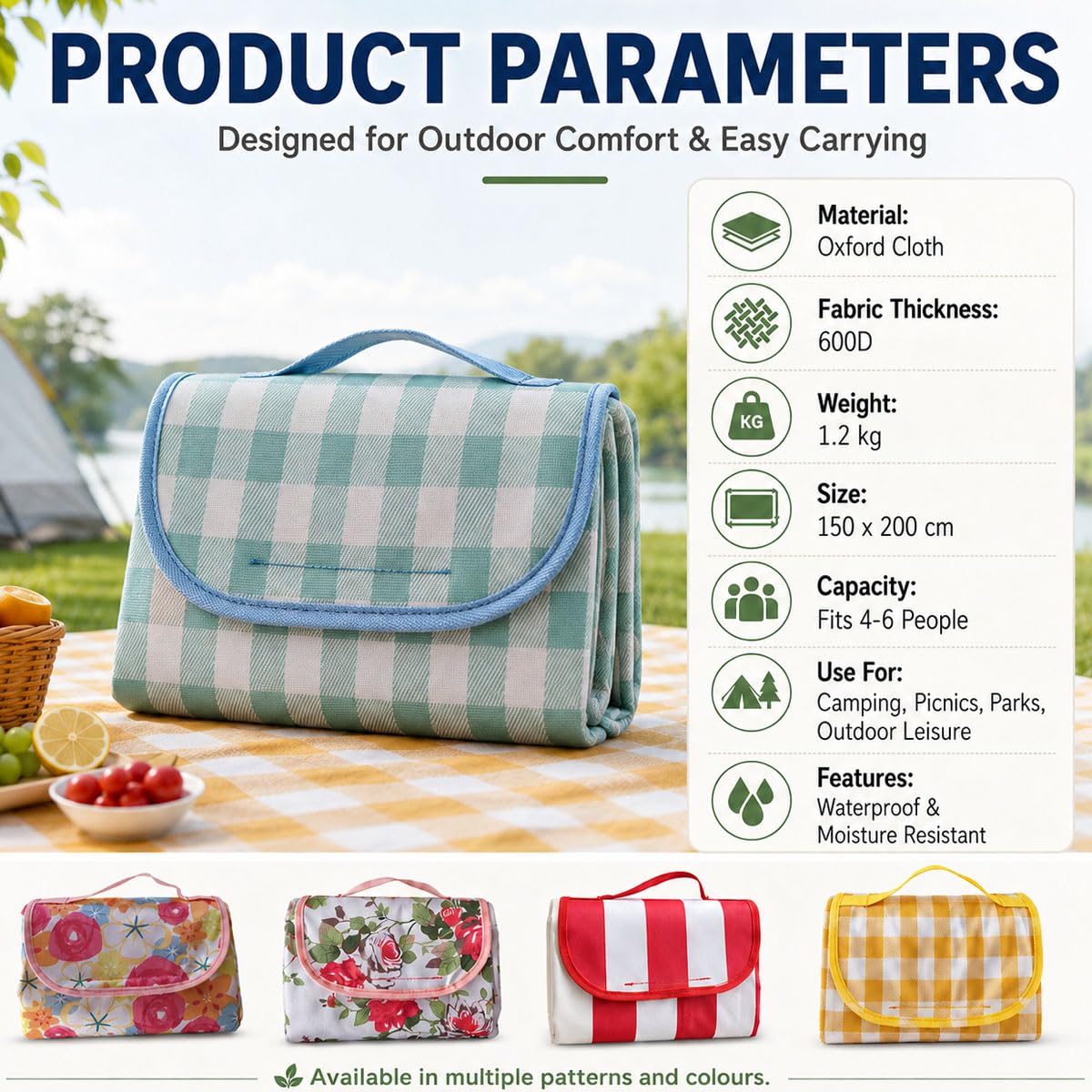 Coperta Da Picnic Pieghevole 150 X 200 CM Tappetino Da Picnic Per Esterni | Coperta Da Spiaggia Impermeabile Con Maniglia Per Il Trasporto, Design E Superficie Facile Da Pulire, Per Spiagge, Parchi, Ca