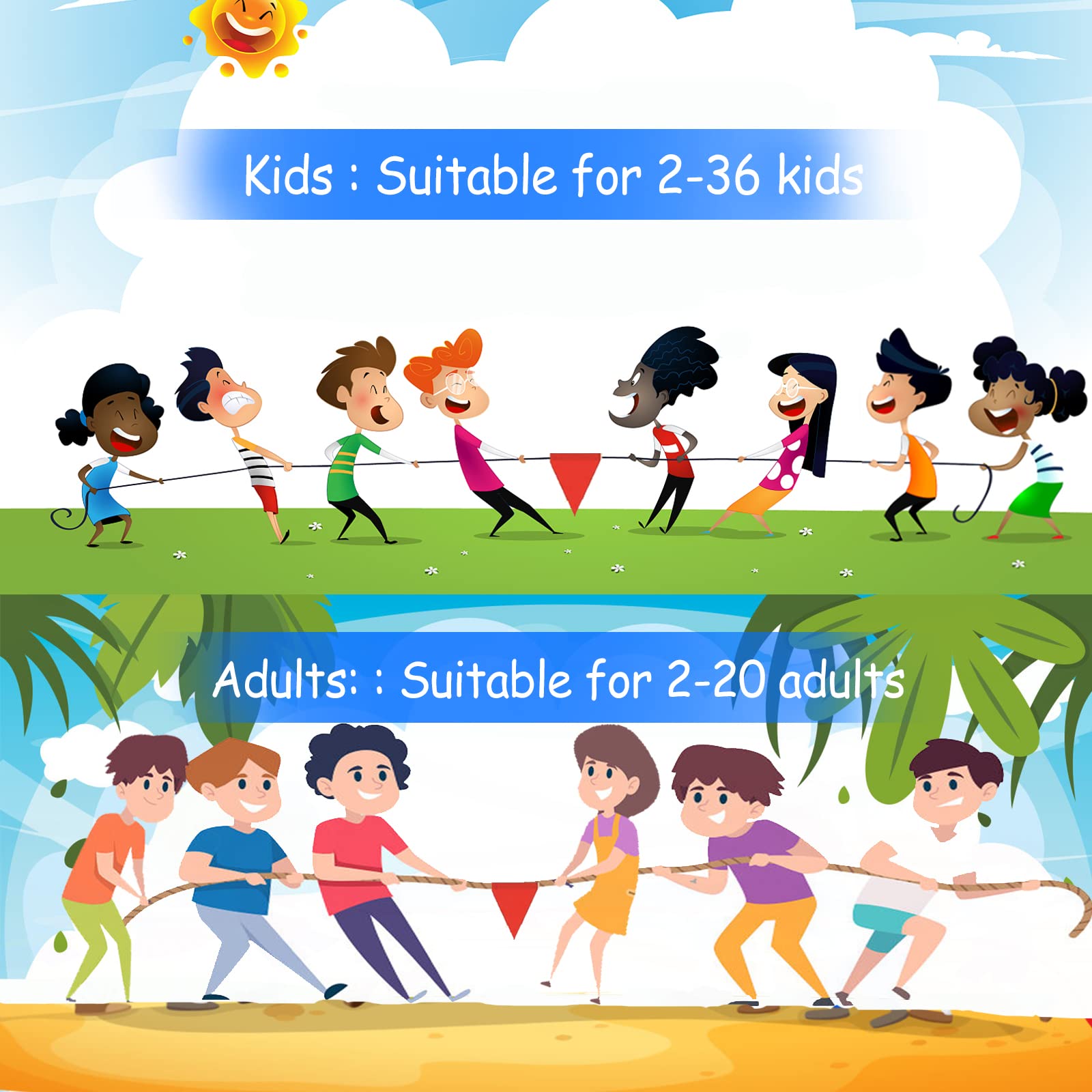 Tug of War Rope - Juegos de patio al aire libre de 60 pies para niños y adultos, día de campo, reunión familiar, fiesta de cumpleaños, juego de carnaval, juegos de patio trasero exterior, diversión