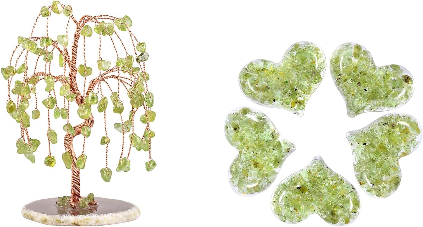 mookaitedecor Bundle - 2 Items: Peridot Crystal Tree with Geode Agate Slices Base Money Tree & Set of 5 Peridot Heart Shape Pocket Palm Stones for Healing Reiki
