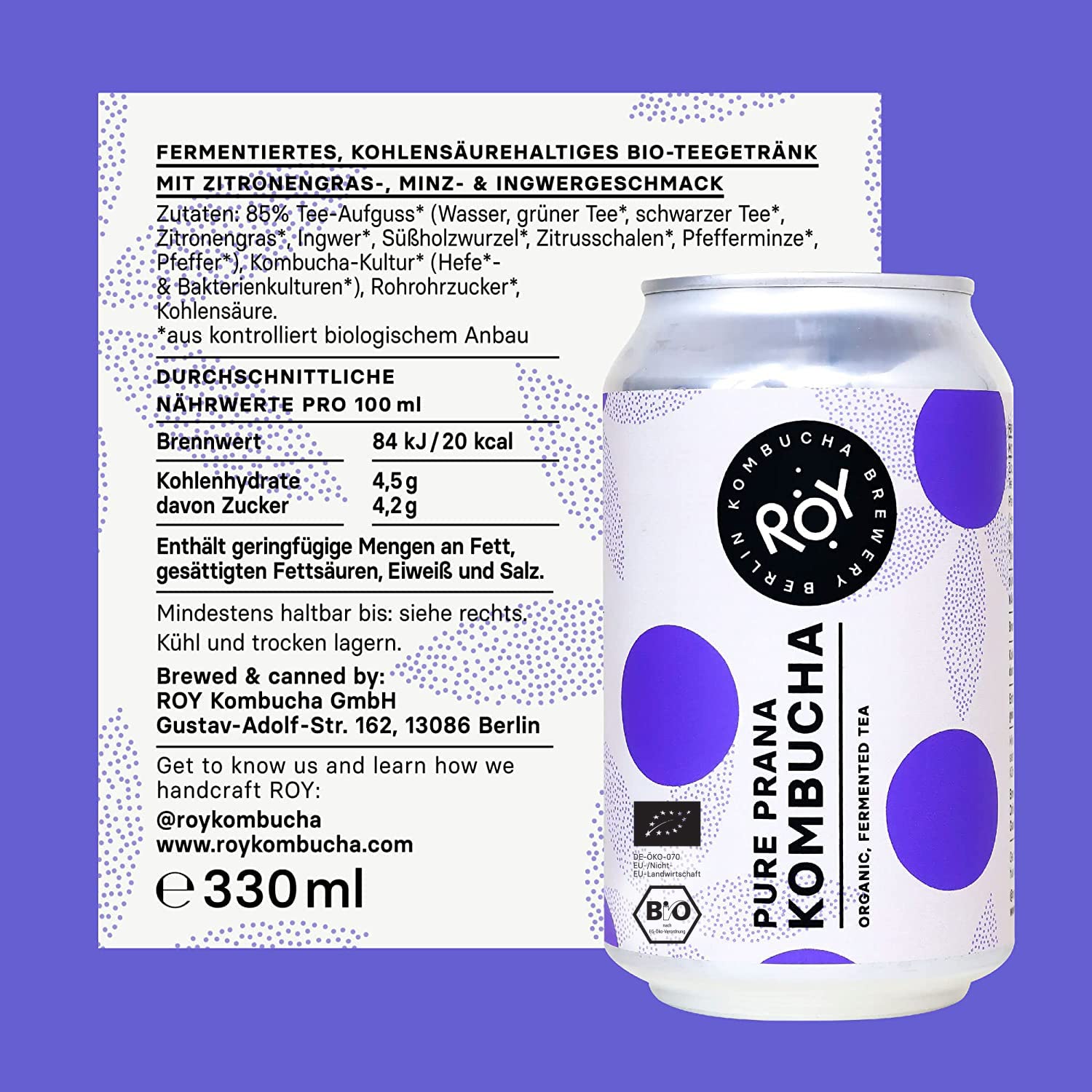 ROY Probierpaket Kombucha Bio mit 5 Sorten, 6 Dosen à 330 ml Bio Kombucha, handgefertigt in unserer Berliner Brauerei, vegan, glutenfrei, laktosefrei, 6er Pack, inkl. 1,50€ Pfand