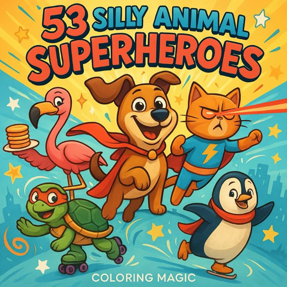 53 Silly Animal Superheroes: Stress-Relief Coloring Book for All Ages | Bold & Easy Cartoon Art | Fun, Humor & Relaxation (Funny and Silly Coloring Adventures)
