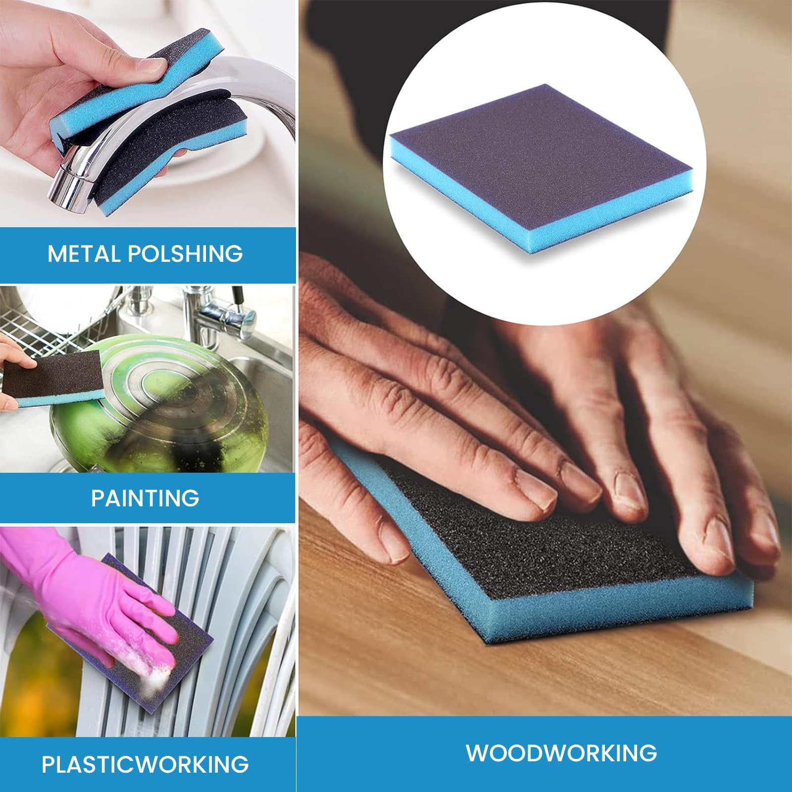 16 Pcs Sanding Sponges, Wet Dry Sanding Block, Sponge Sandpaper Block, 120-180 Grit Fine Sand Block Sponge, Reusable and Washable Sanding Blocks for Wood Drywall Metal Polis(Blue) - Image 4