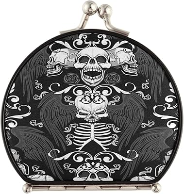 Retro Vintage Gothic Coat of Arms Rose Wings Skulls Bones Compact Makeup Mirror, Twin-Sided Cosmetic Mirror with 2 x 1x Magnification, Buckle Folding Mini Pocket Portable Hand Mirror