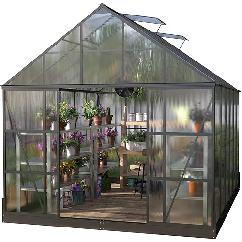 PAPAJET 12x10x10 FT Polycarbonate Greenhouse 2 Sliding Doors 4 Vents Window Walk-in Premium Professional Greenhouse Aluminum Large Hot House for Outdoor Garden Backyard Matte Black