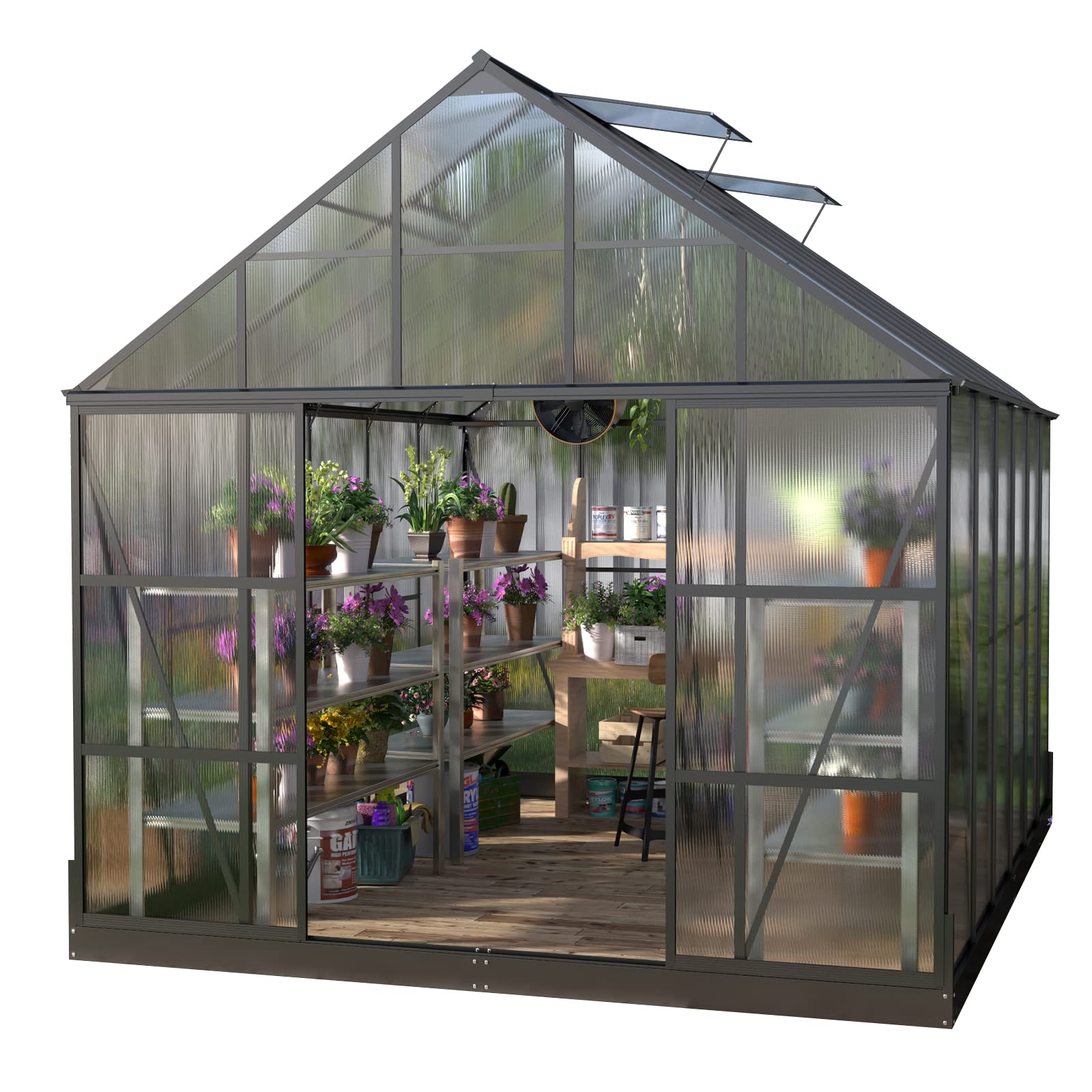 PAPAJET 12x10x10 FT Polycarbonate Greenhouse 2 Sliding Doors 4 Vents Window Walk-in Premium Professional Greenhouse Aluminum Large Hot House for Outdoor Garden Backyard Matte Black