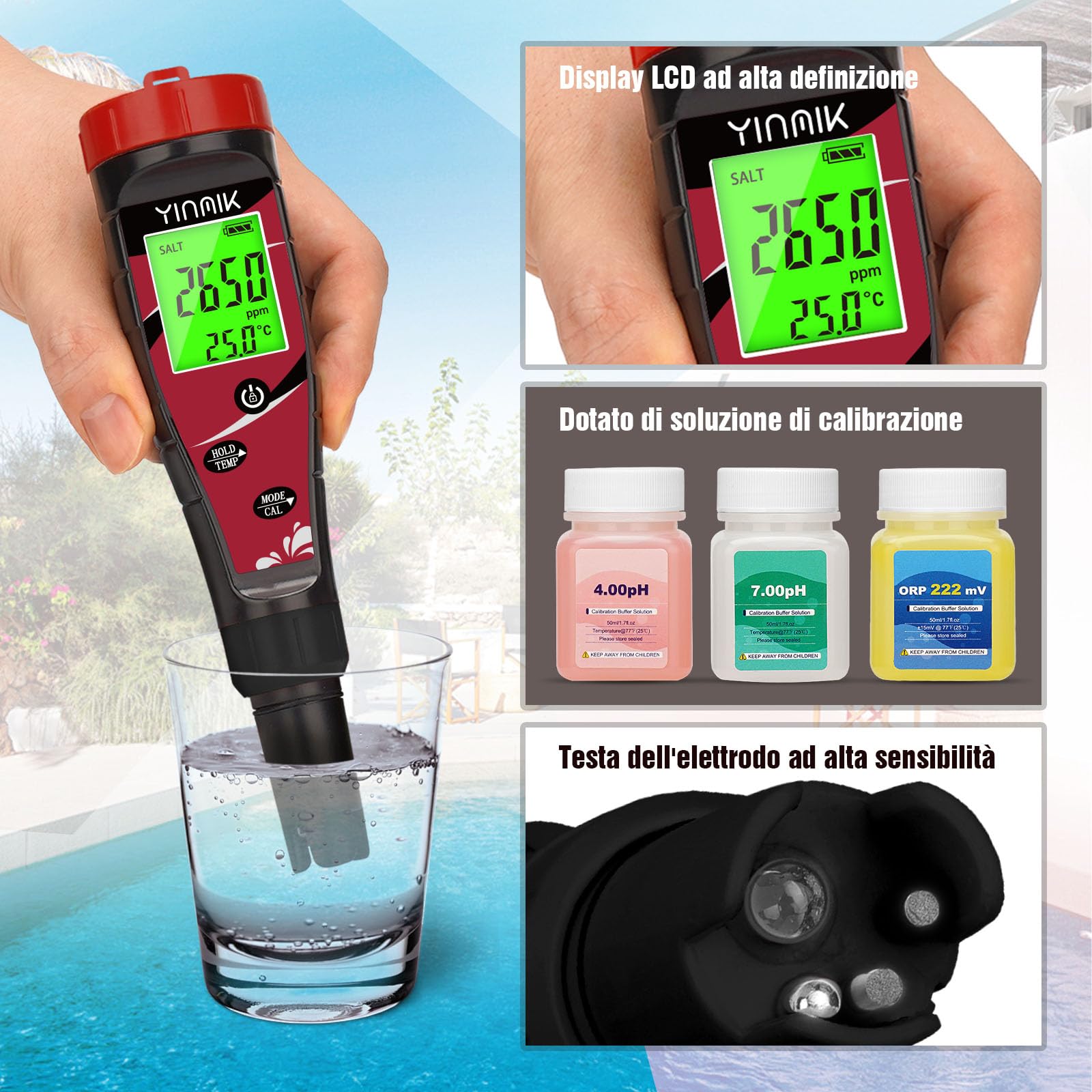 YINMIK Test Piscina pH e Cloro Digitale 7 in 1 Misuratore Salinita Piscina | Kit automatico ph e cloro piscina per piscina, Vasca idromassaggio, Acquario, Idroponica e acqua potabile
