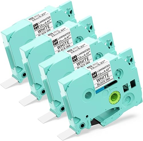 ASprink Paquete de 4 cintas adhesivas laminadas blancas, compatibles con la etiquetadora D480BT, soporte de cinta de etiquetas P Touch de 0.47