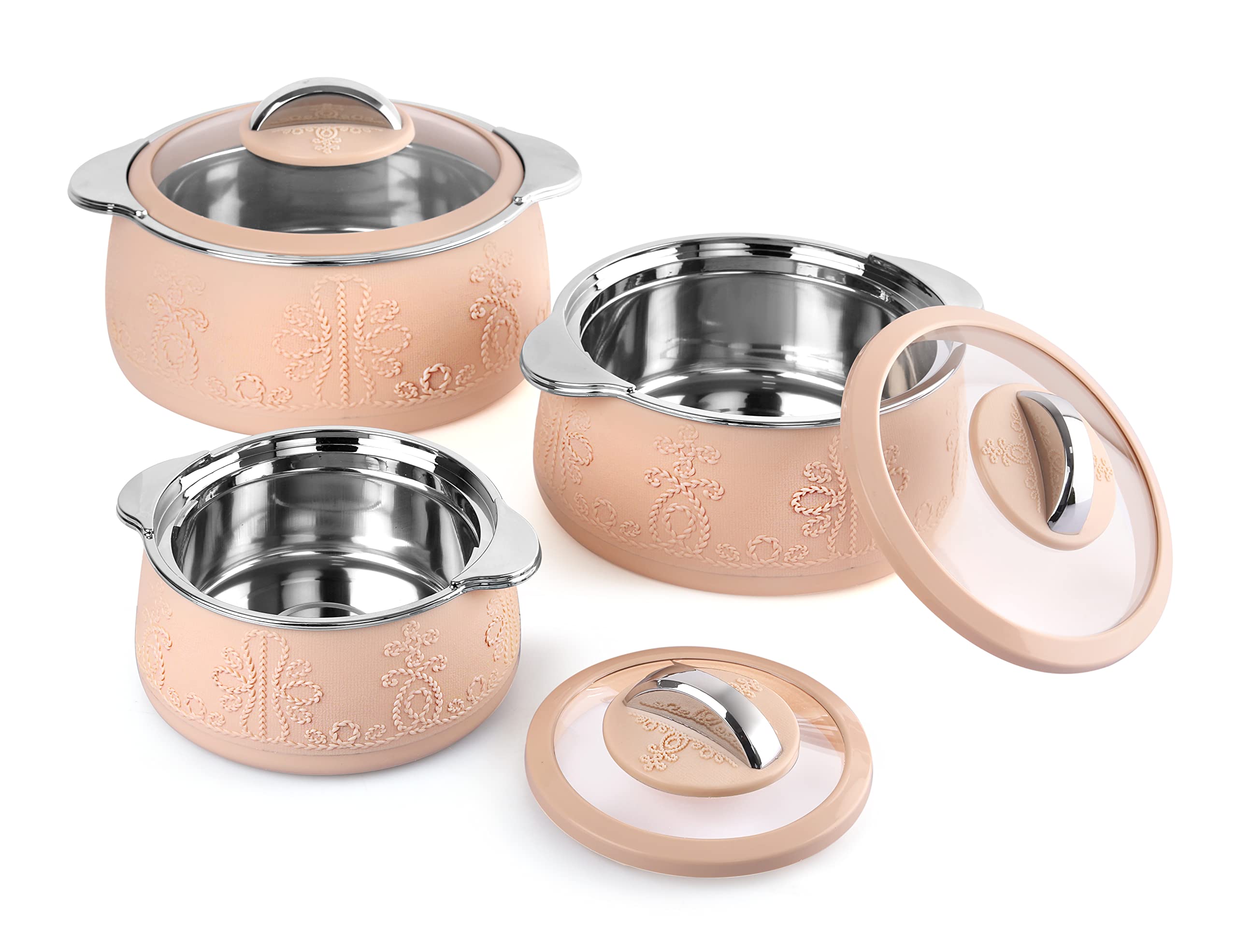 CELLO Royale Combo of 3 Casseroles with Insulated Stainless Steel and Glass Lid, Capacity - 600+1100+1600ml, Beige