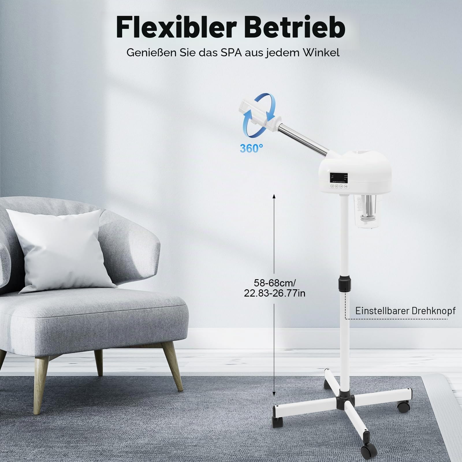 2 in 1 Gesichtsdampfer, Gesichtssauna Ozon Bedampfer mit Rollen, 360° Porenreiniger Dampf Spa Maschine für Zuhause Salon Spa