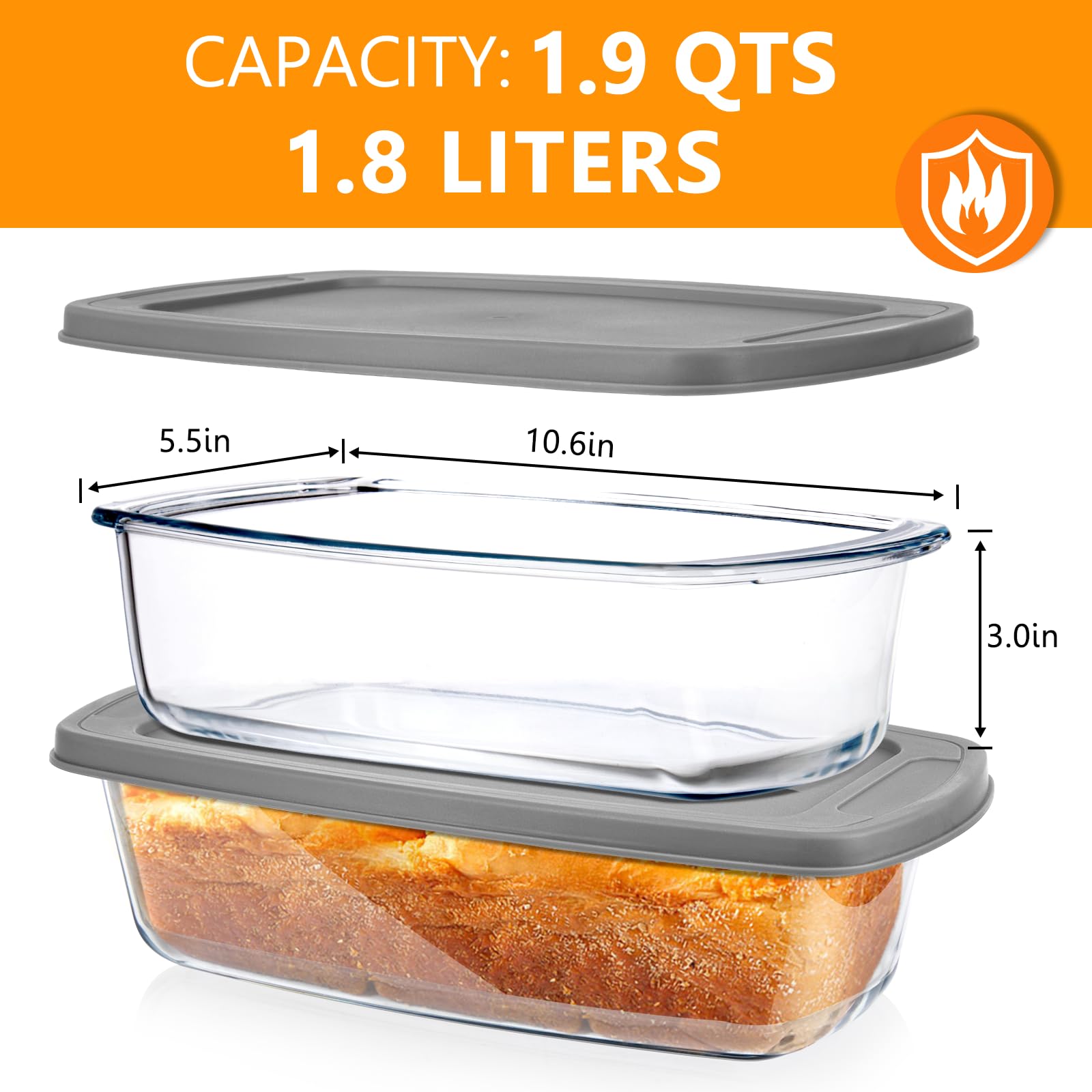 BAKEWAY Jambear Kastenform aus Glas zum Backen von Brot mit Deckel, 2er-Set, 1,9 l Glas-Kastenform | ofen-, spülmaschinen-, kühlschrank-, gefrier- und mikrowellengeeignet, Brotform für Lasagne