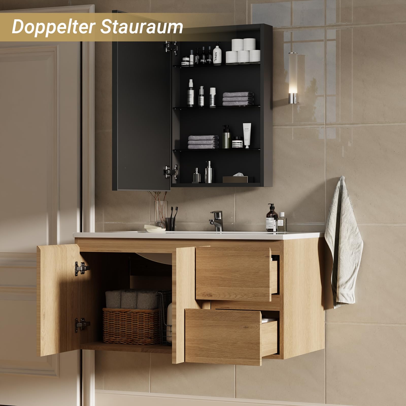 Badmöbel Set – Waschbecken mit Unterschrank 90 cm, 51cm Spiegelschrank & Waschtisch Set – Badezimmermöbel Wandhängend mit Keramik Waschbecken, Holzoptik, Oak-Dekor