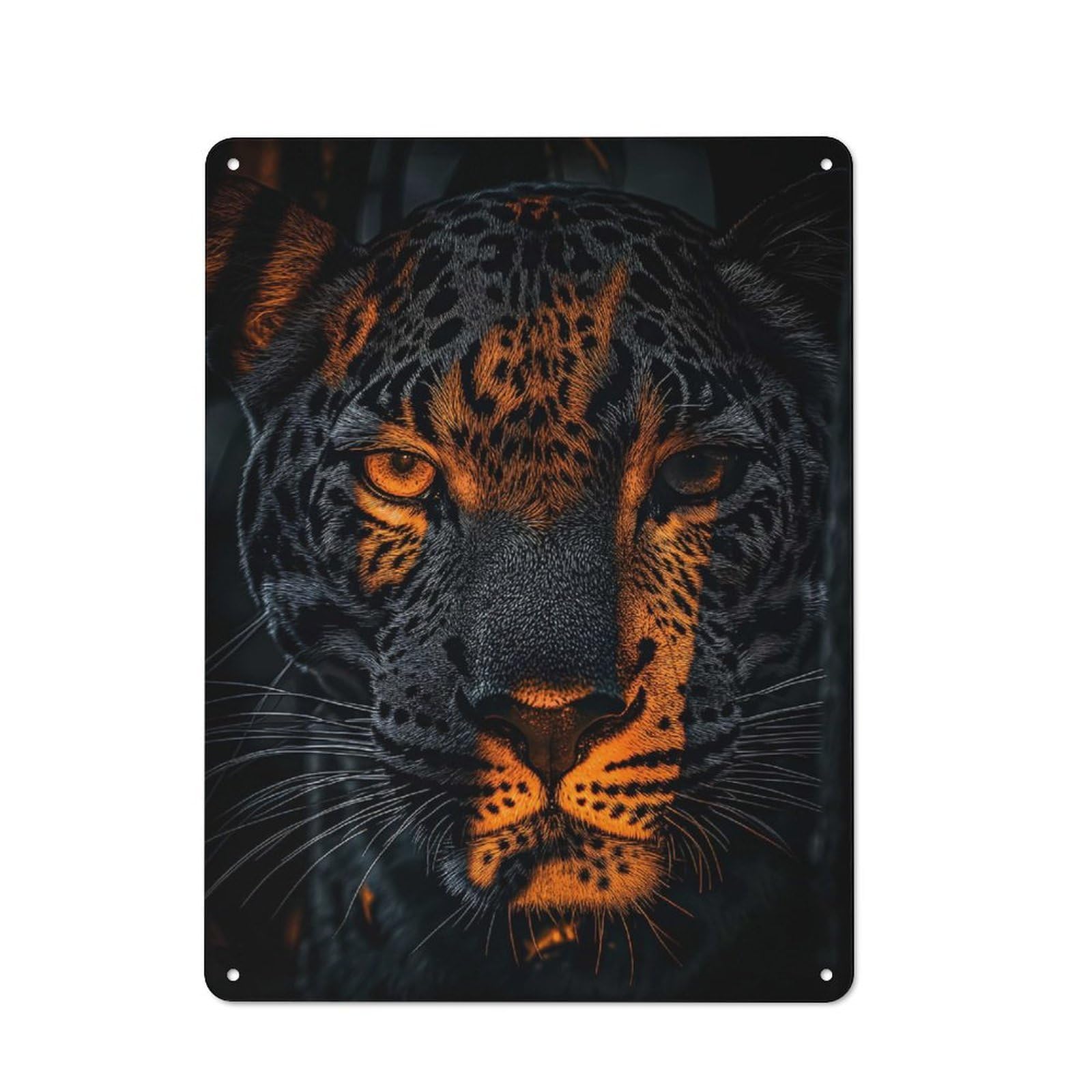 Dramatic Leopard Portrait with Orange Highlights Printed Metal Sign, Easy to Hang Plaque for Home Bar, Pub Room Or Kitchen Wall, 40x30cm
