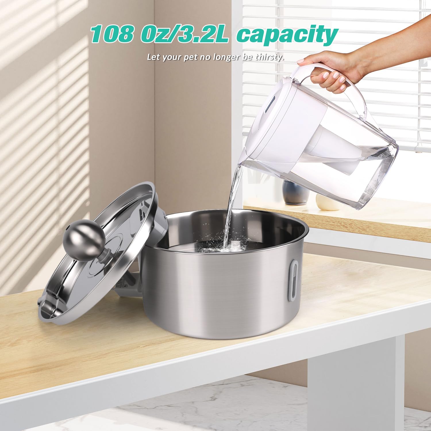 Fontana in acciaio inox, 7 l, per cani e gatti, in acciaio inox, con filtrazione a 5 strati e luce LED, pompa ultraleggera con protezione da sovraccarico per cani di grossa/più gatti, con 3 filtri