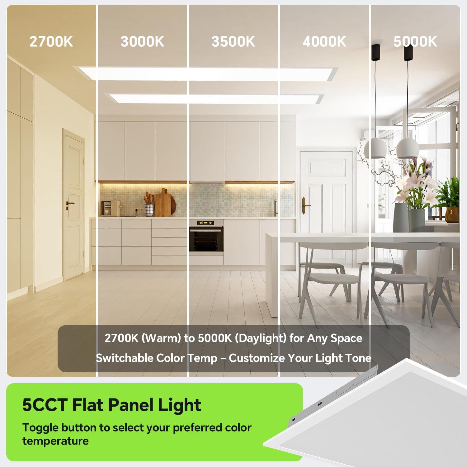 6 Pack 2x4 LED Flat Panel Light 50/40/35/30/25W 6500lm Adjustable, 0-10V Dimmable LED Flush Mount Ceiling Light Fixtures, 2.7K/3K/3.5K/4K/5K Selectable for Office Kitchen Garage - ETL Listed