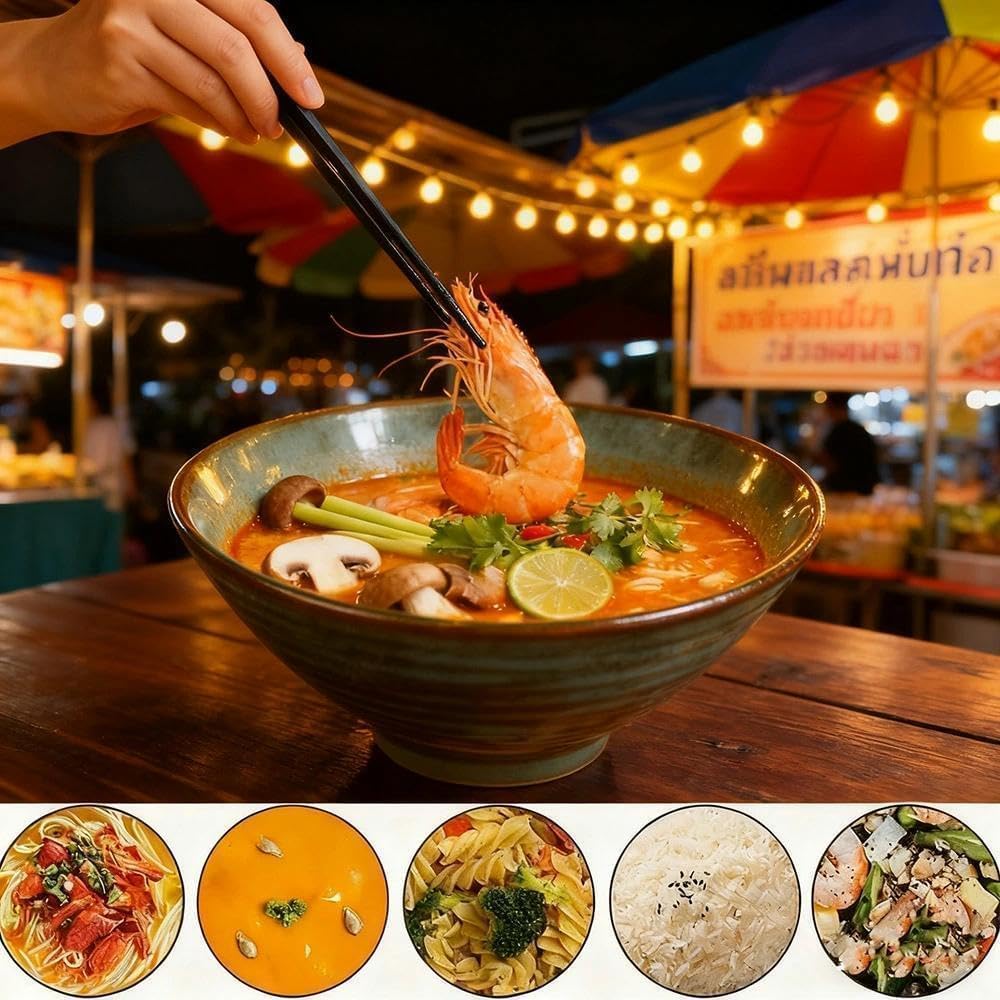 Ramen Bowl - Ciotola da 1200 ml, con bacchette e cucchiai, per zuppa, pasta, macedonia, 2 pezzi (verde retrò)