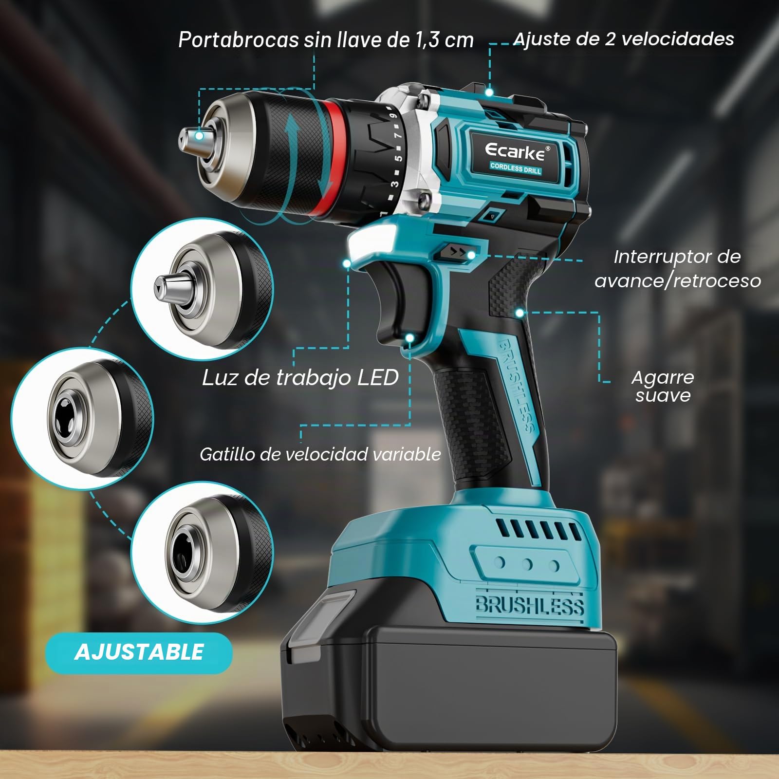 Ecarke 50Nm Destornillador Electrico, Compatible con Baterías Makita 18V, Taladro Atornillador Compacto con Caja de Cambios 2 Velocidades, Velocidad Variable de 500 a 2000 rpm(Solo Productos)-Azul