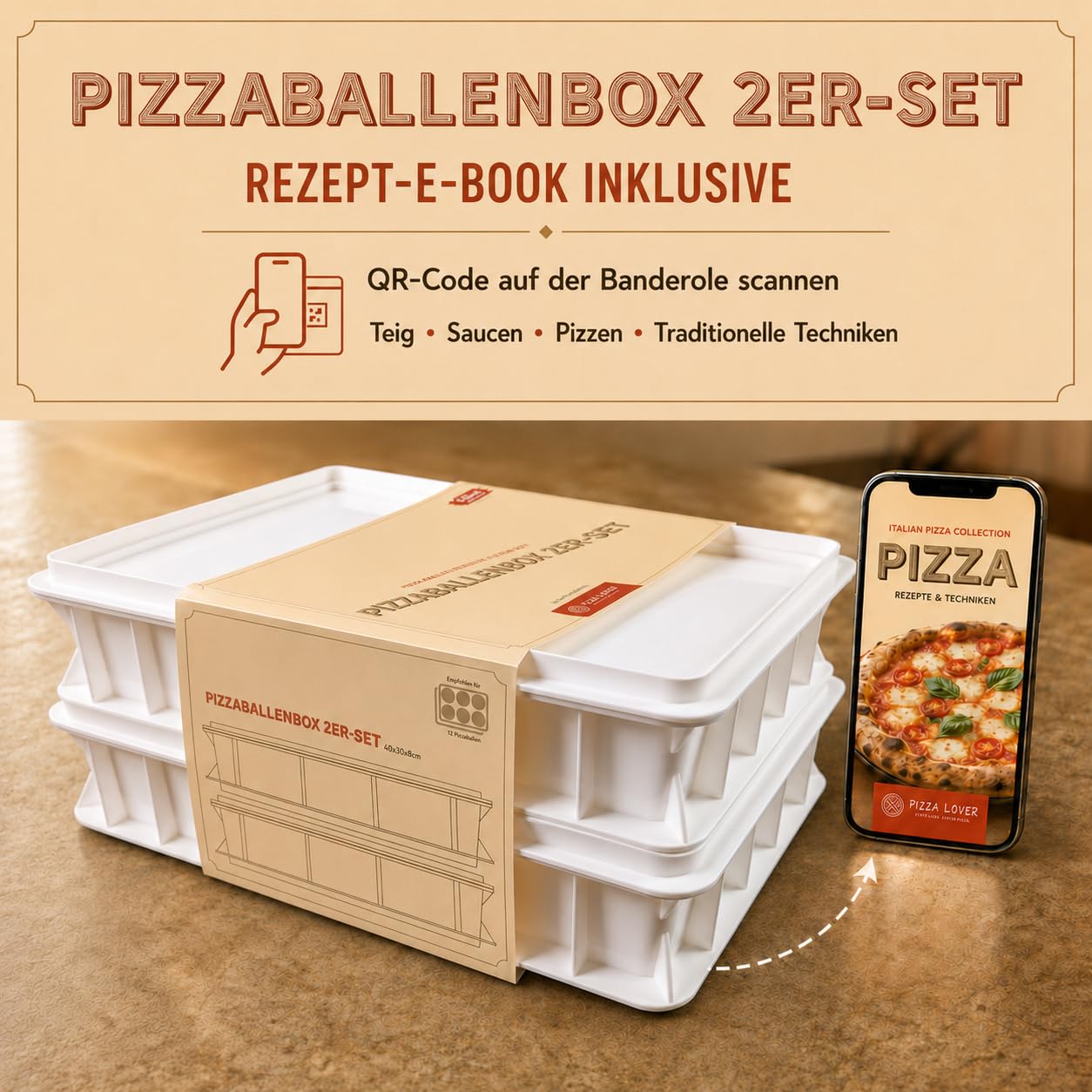 Pizza Lover 2 x pudełko na pizzę z 2 pokrywkami – stabilne pudełko na ciasto do pizzy 30 x 40 x 7,5 cm, pudełko do fermentacji ciasta na pizzę i ciasto, można układać w stos i nadaje się do kontaktu z