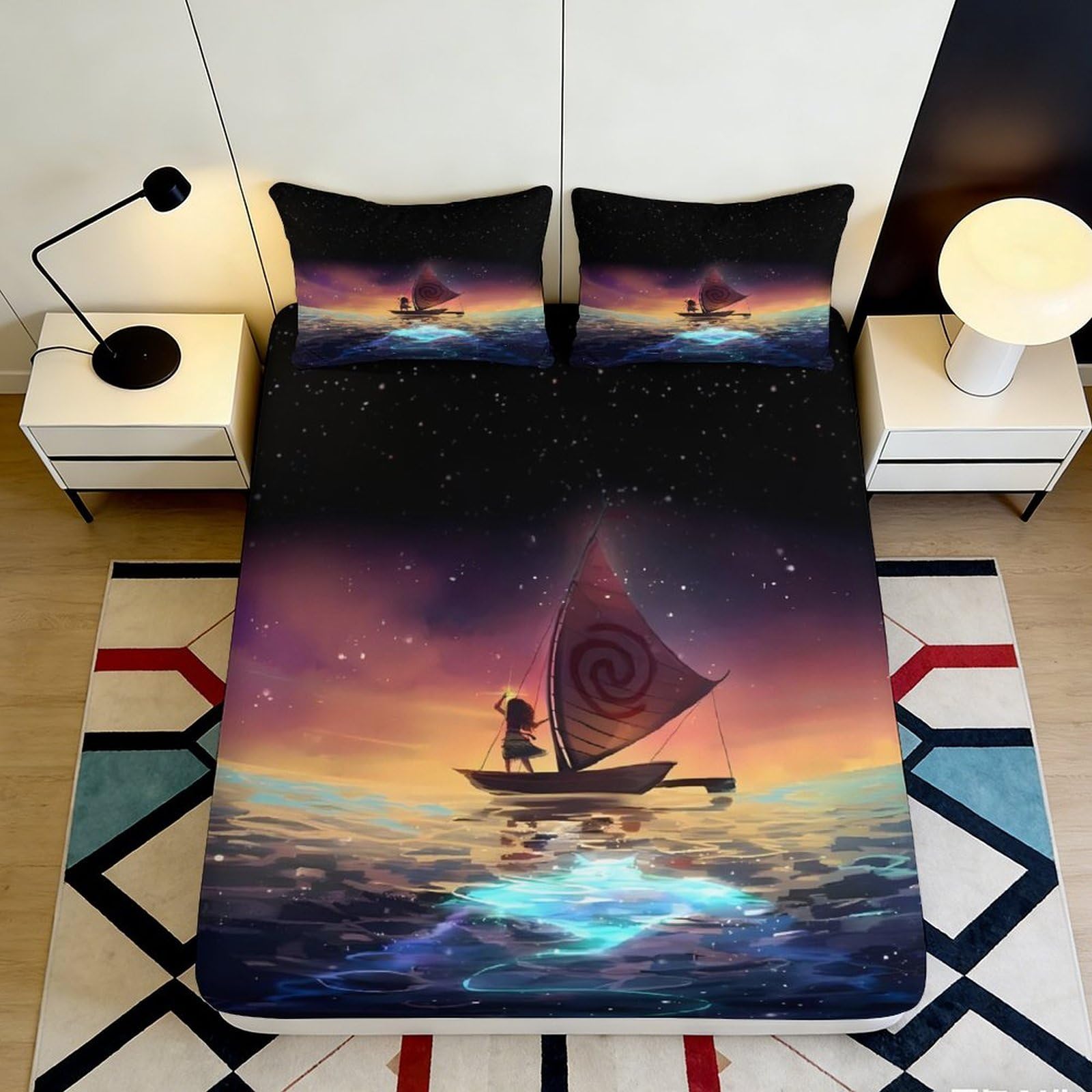 3D Printed Sunset Ocean Sailboat Fitted Sheet Microfiber Soft Anti-Slip Mattress Cover for Bedroom Guest Room Decor 90x200x25cm