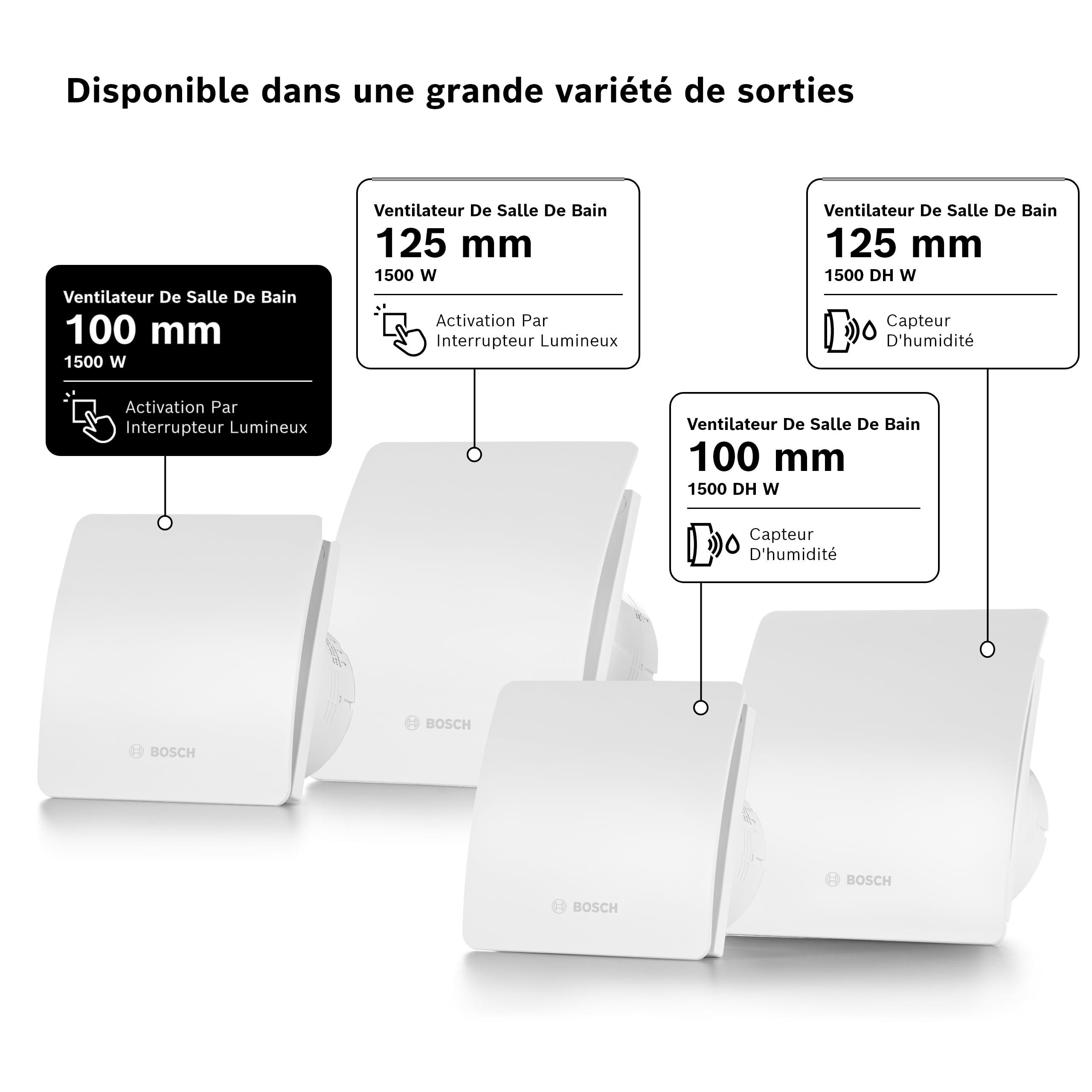 Bosch Ventilateur de Salle de Bain 1500 DH 100mm - Pour la Ventilation dans la Salle de Bain et les Toilettes, Contre l'Humidité et la Moisissure - Avec Hygromètre et Minuterie - 100mm de Diamètre